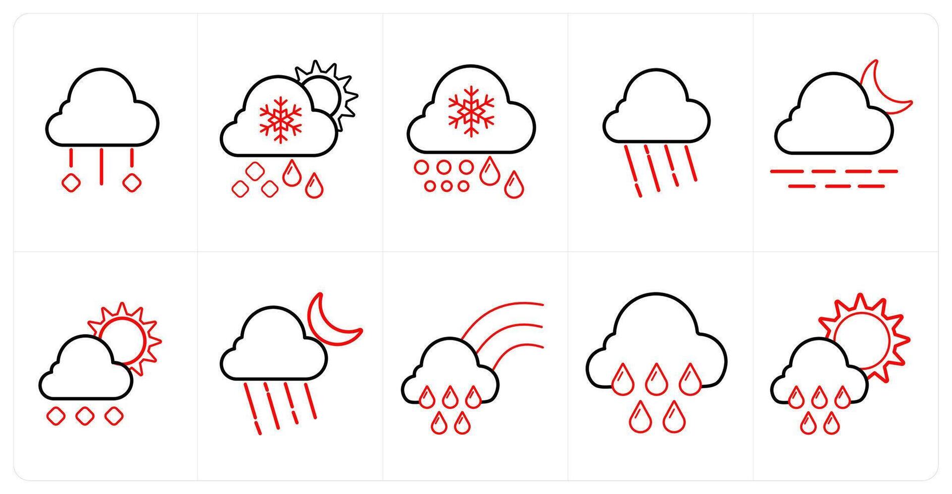 A set of 10 Weather icons as rain, snowfall, rainy cloud in red line color vector