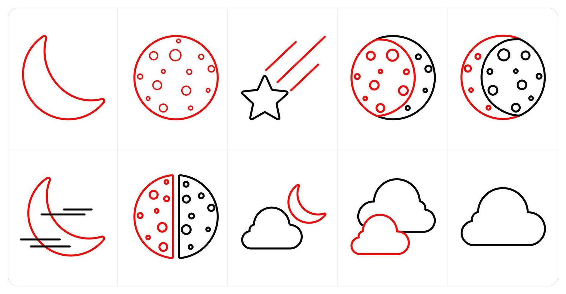 A set of 10 Weather icons as half moon, full moon, falling star in red line color vector