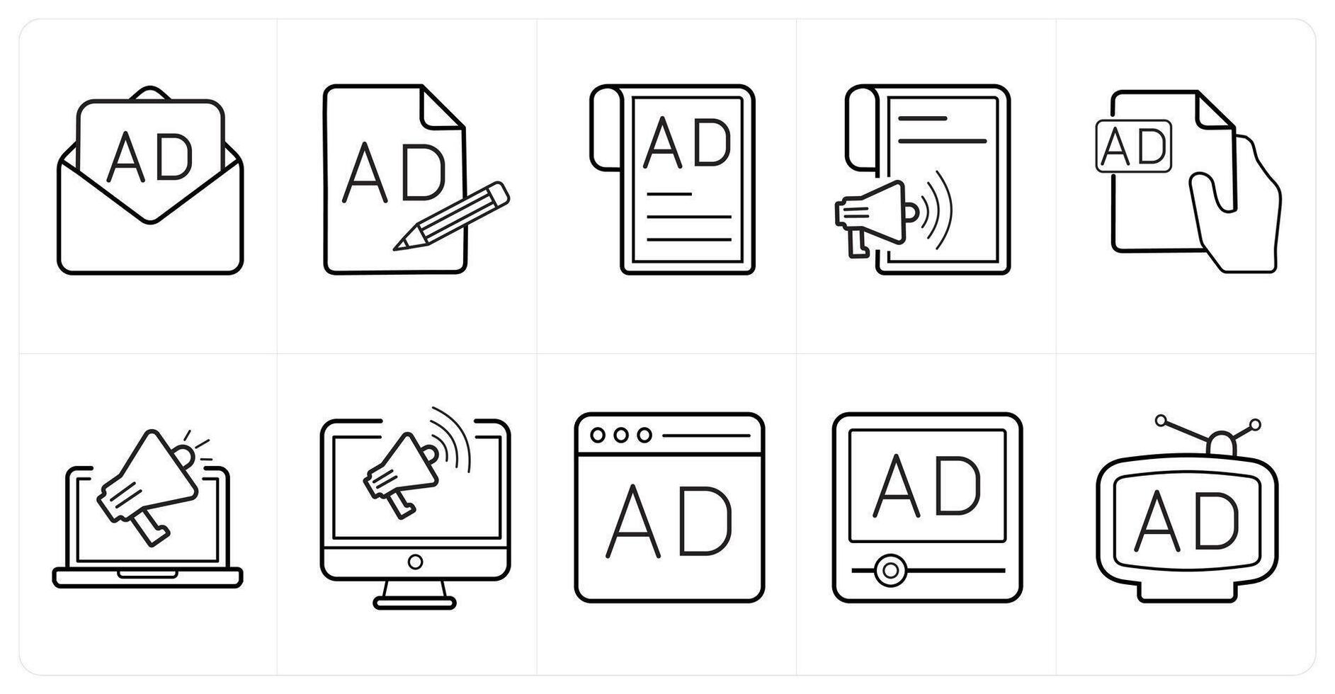 A set of 10 ads and marketing icons as email advertisement, compose content in black line color vector