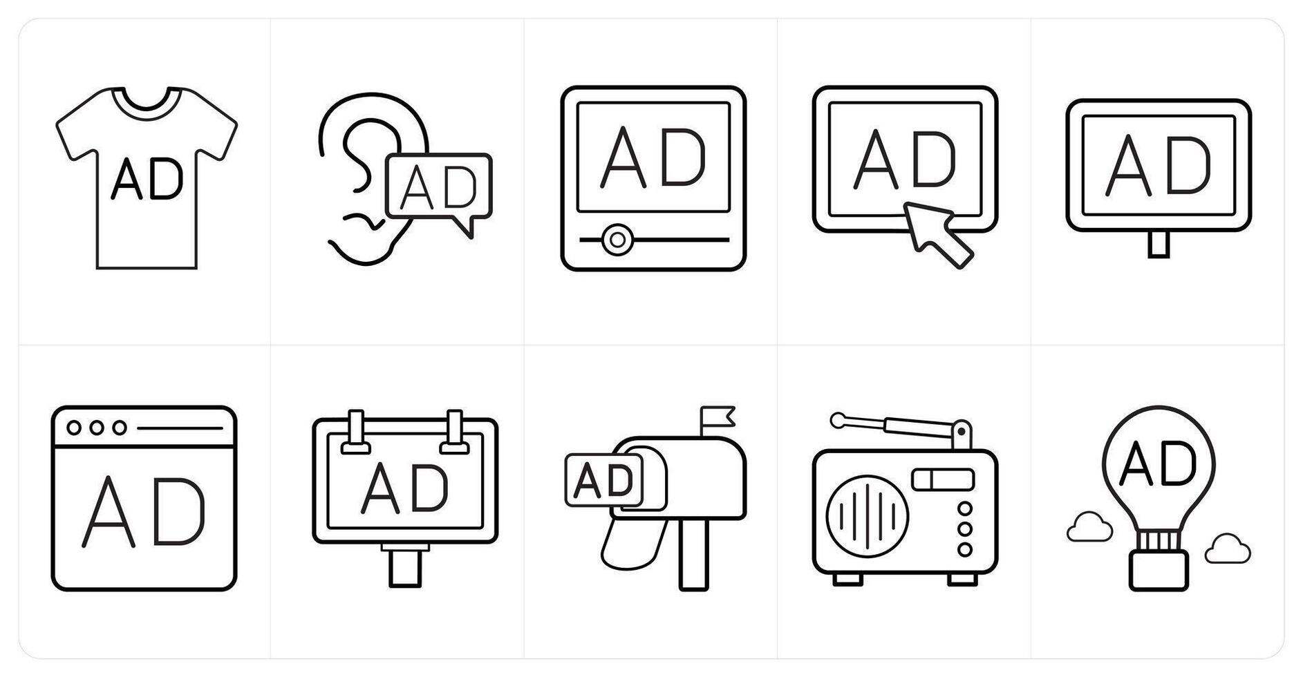 A set of 10 ads and marketing icons as product ad, viral ad, advertisement in black line color vector