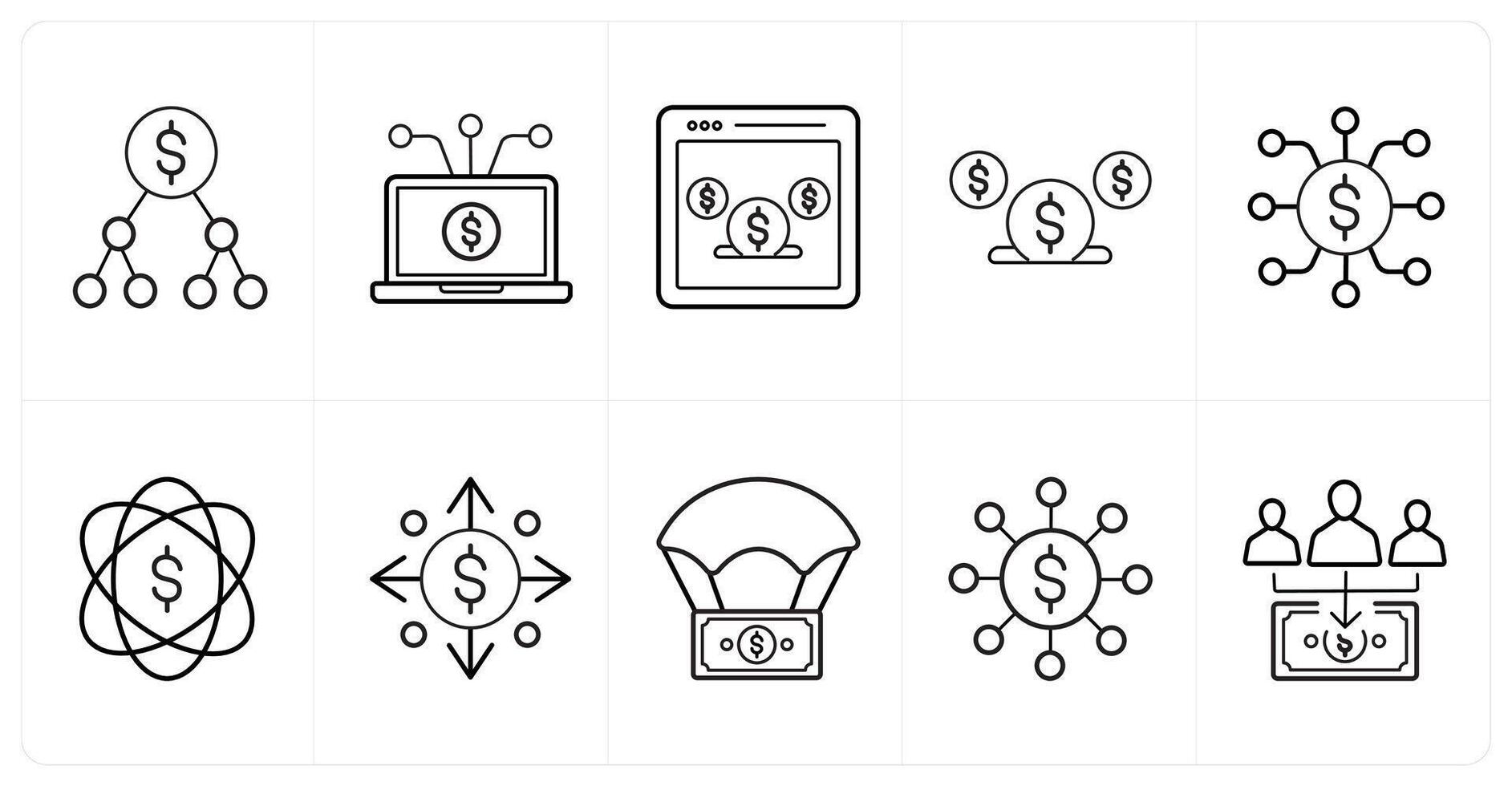 A set of 10 crowdfunding icons as transaction, money transaction, payment page in black line color vector