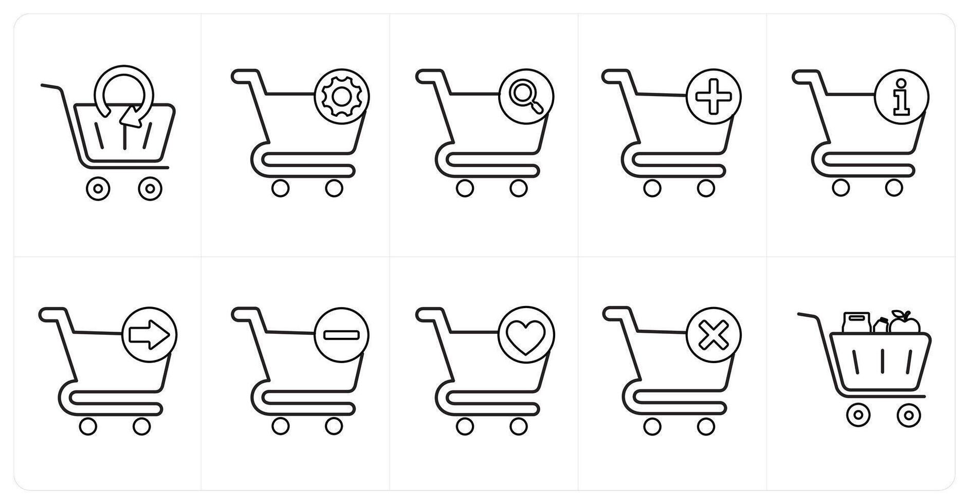 A set of 10 cart icons as update cart, cart setting, cart search in black line color vector