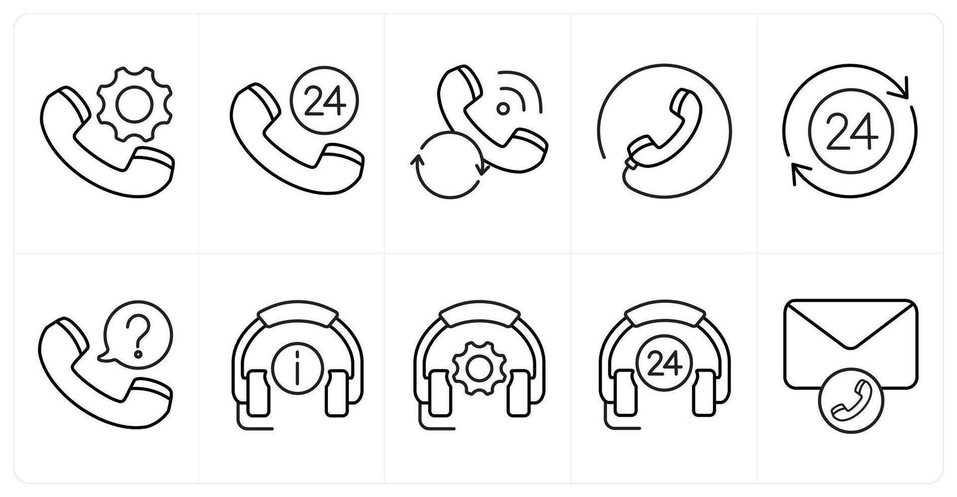 A set of 10 Customer Support icons as calling support, 24x7 call, calling status in black line color vector