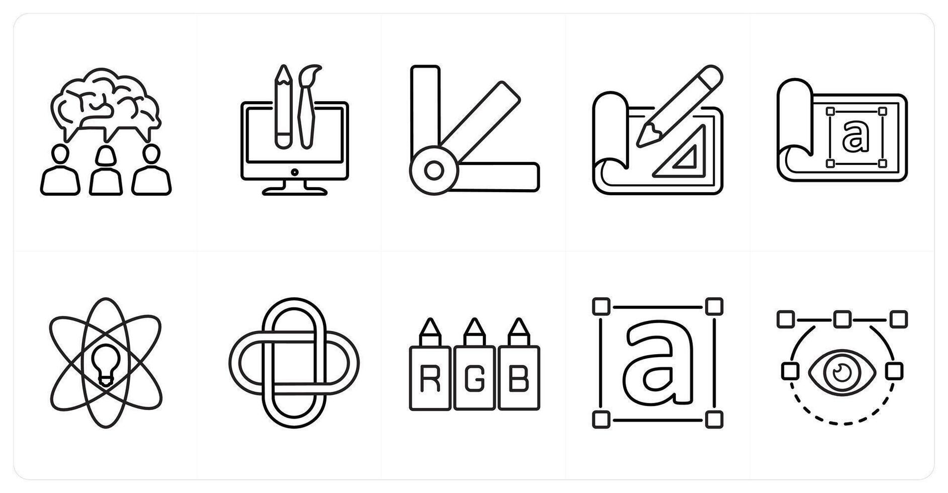 A set of 10 design and creativity icons as creative idea, custom design, color palette in black line color vector