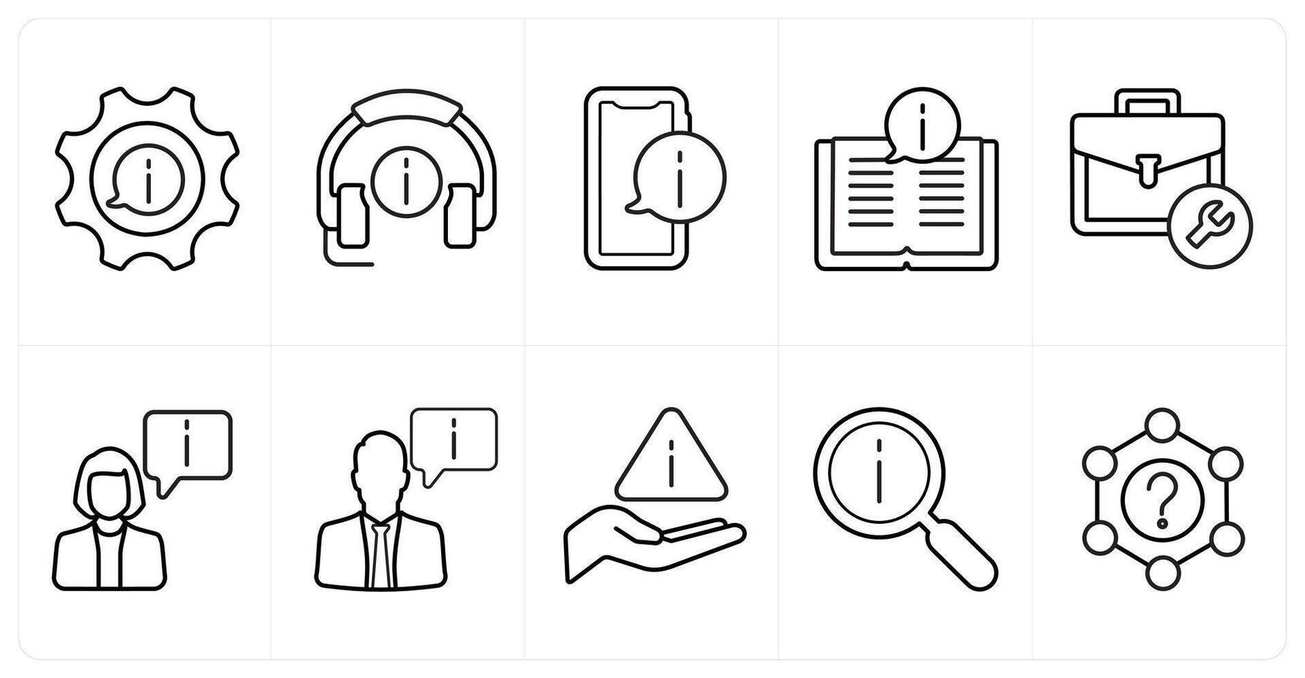 A set of 10 Customer Support icons as information, call support, information support in black line color vector