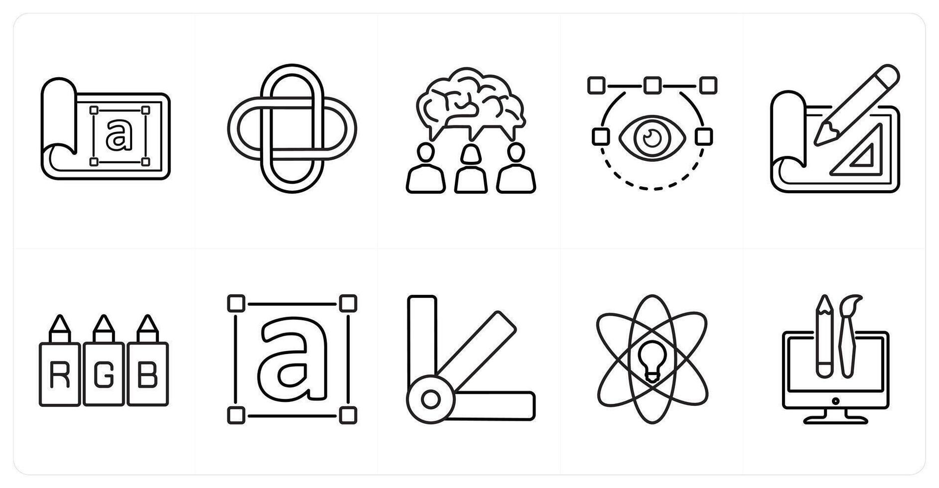 A set of 10 design and creativity icons as style, logo, creative idea in black line color vector