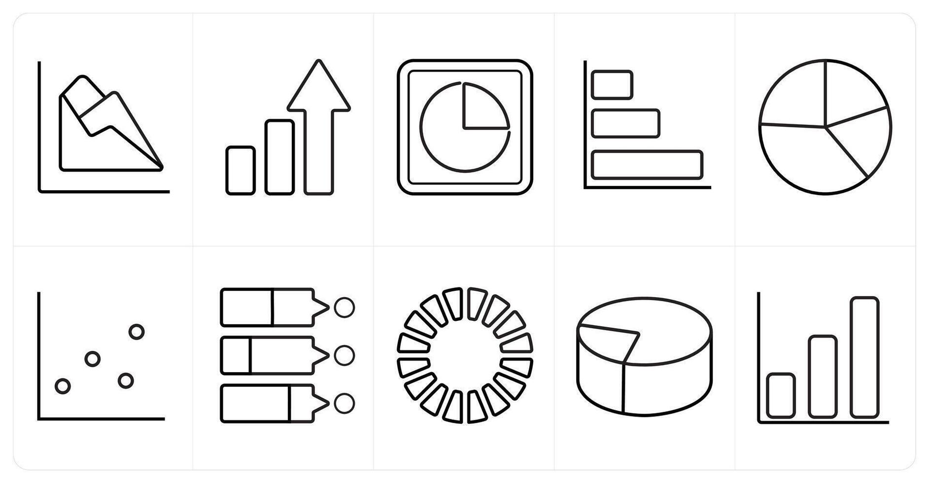 A set of 10 Diagrams and Reports icons as chart, growth chart, pie chart in black line color vector