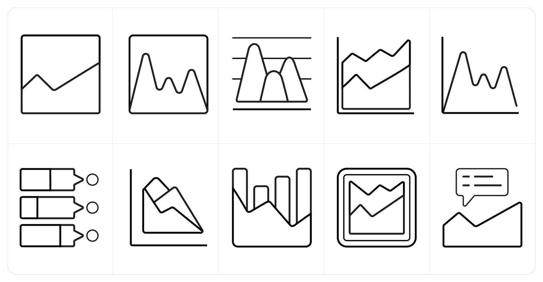 A set of 10 Diagrams and Reports icons as sales, financial diagram, analysis in black line color vector