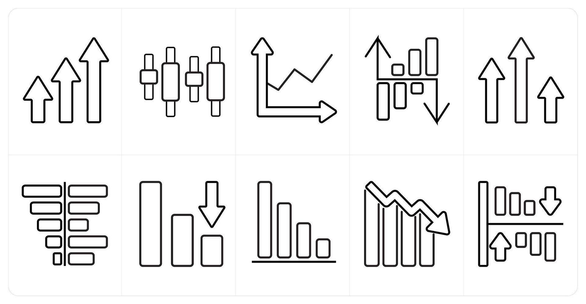 A set of 10 Diagrams and Reports icons as growth, intervals, profit in black line color vector