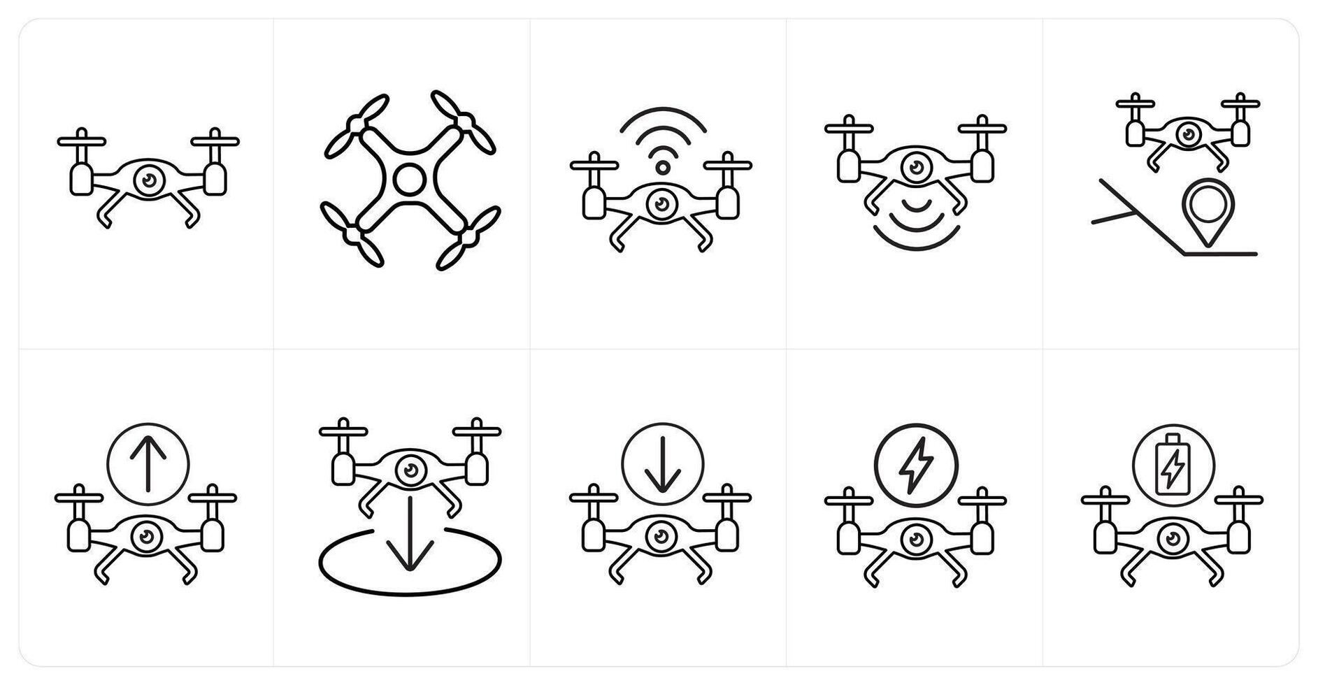 A set of 10 Drone icons as drone, drone wifi, drone signal in black line color vector