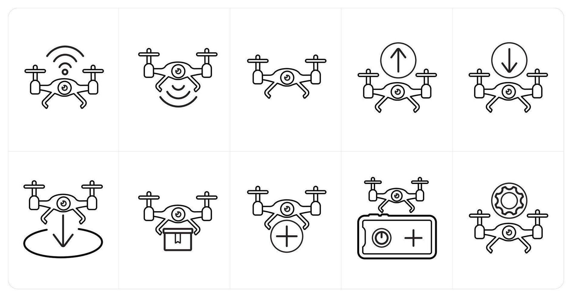 A set of 10 Drone icons as drone wifi, drone signal, drone in black line color vector