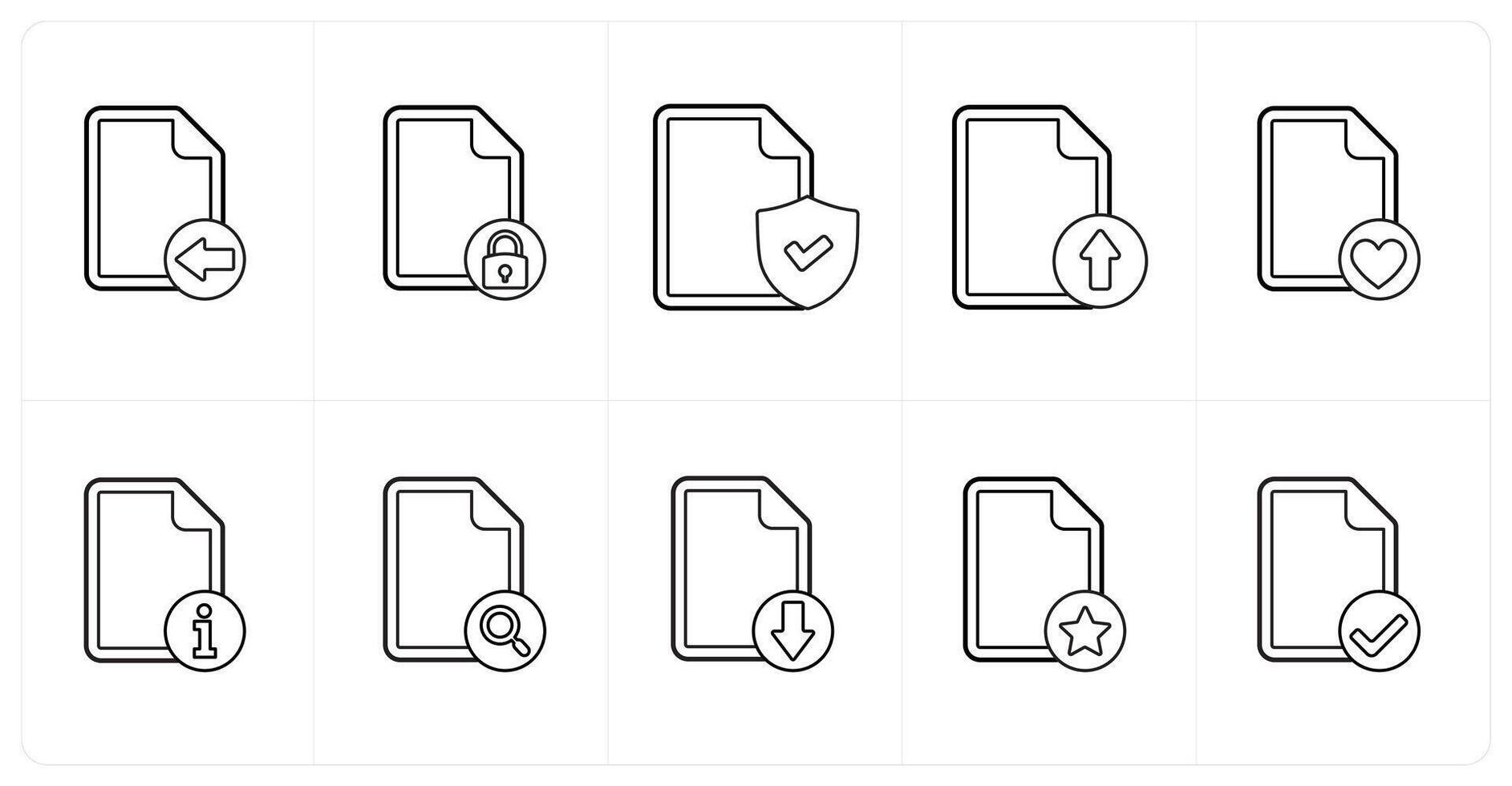 A set of 10 file icons as received file, file security, secublack document in black line color vector