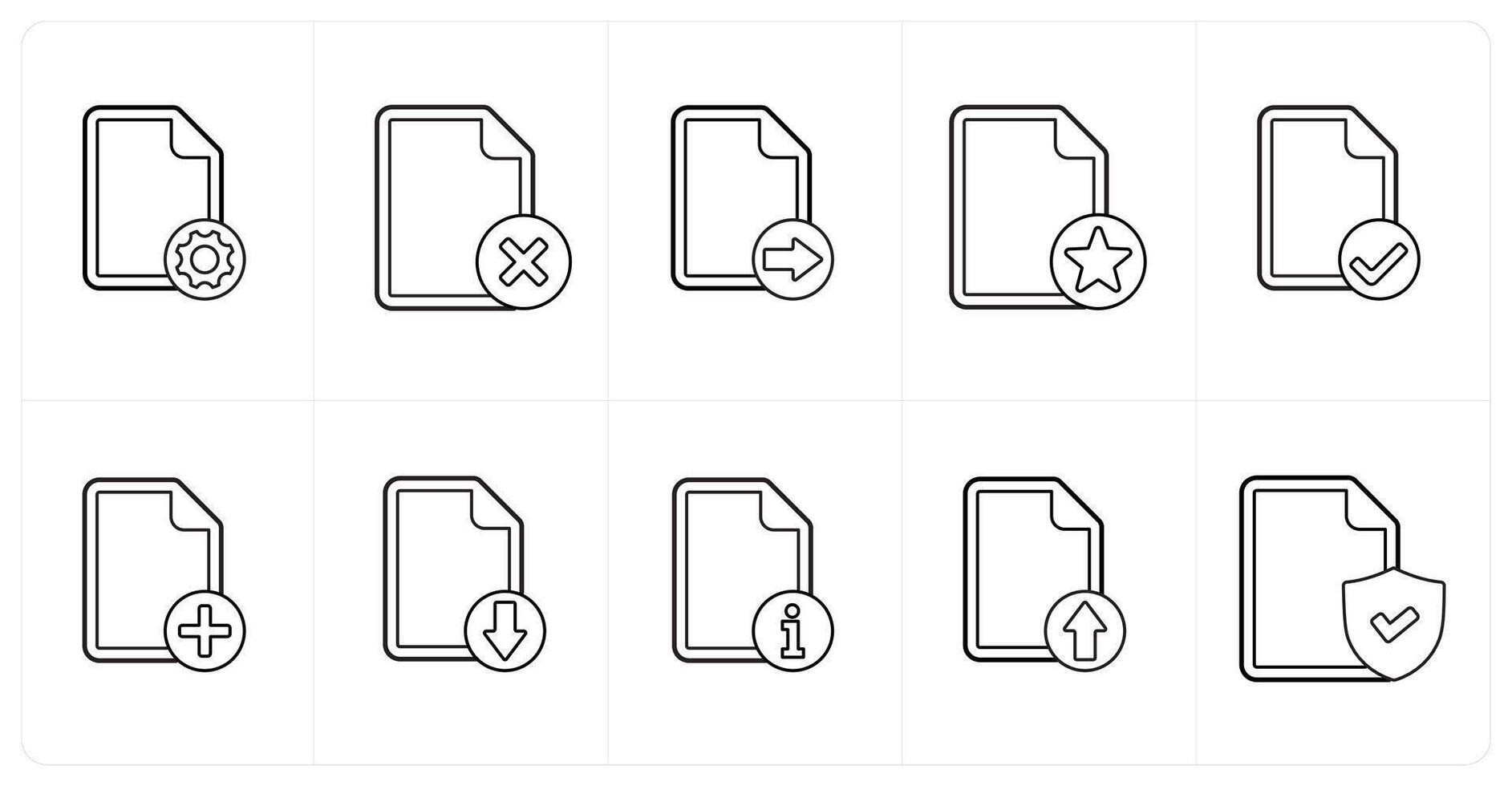 A set of 10 file icons as file setting, wrong, send file in black line color vector