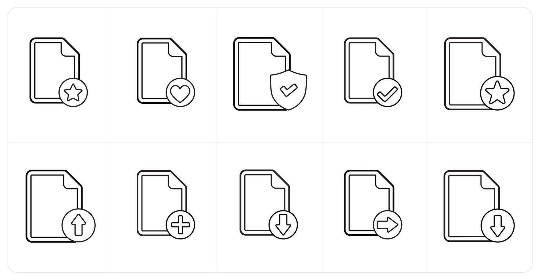 A set of 10 file icons as star file, favorite file, secublack document in black line color vector