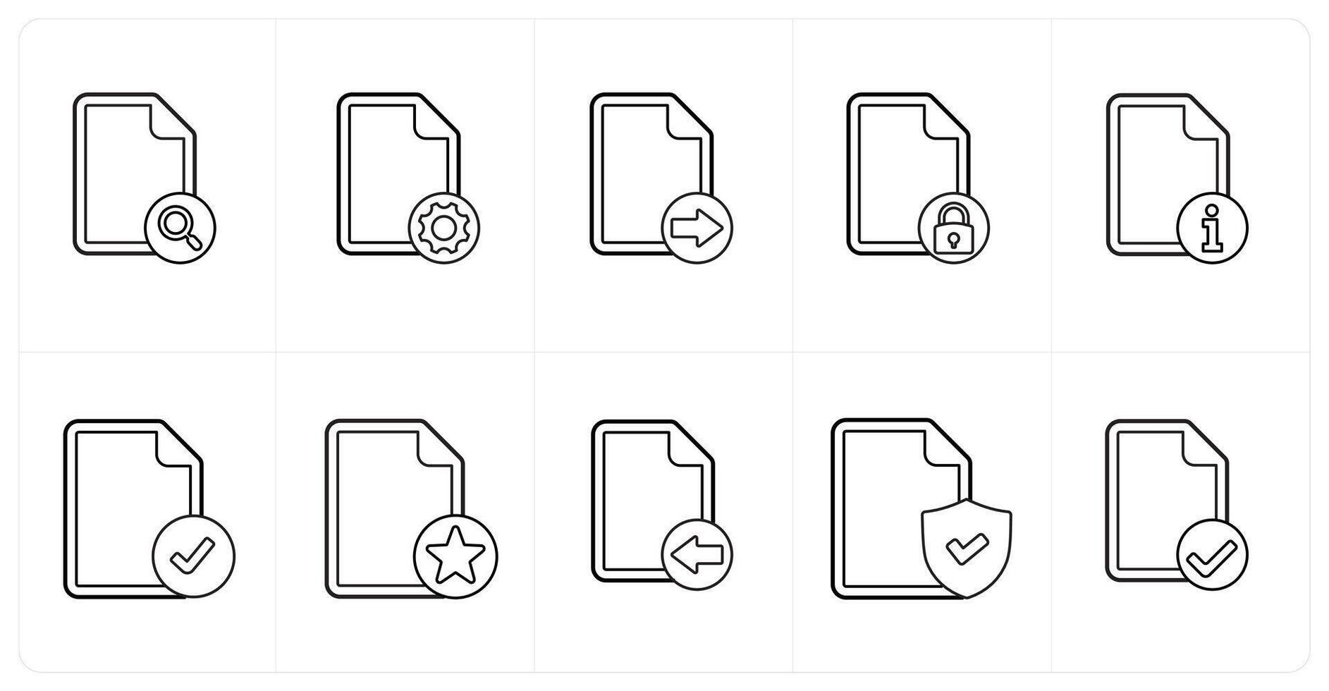 A set of 10 file icons as search file, file setting, send file in black line color vector