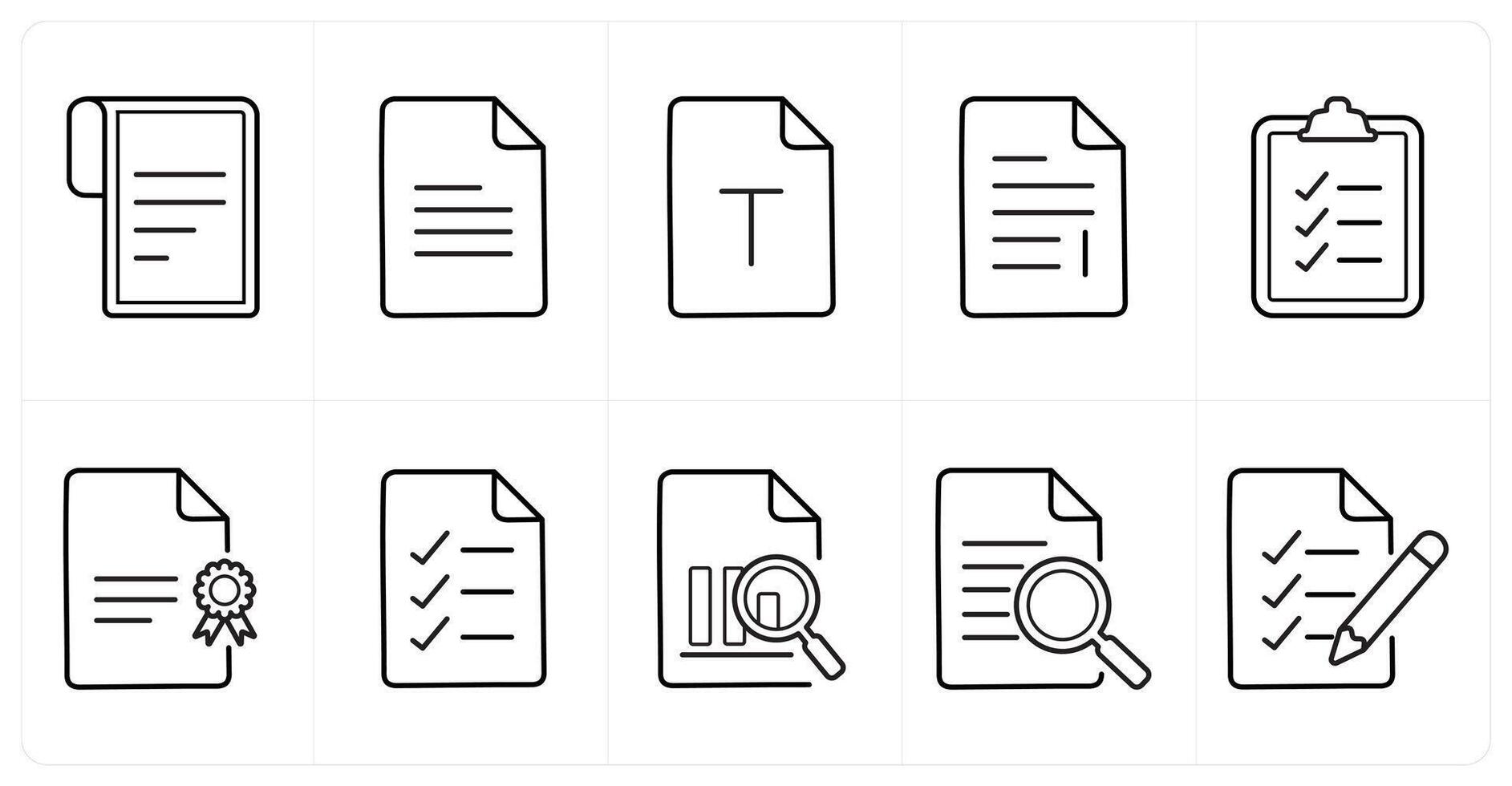 A set of 10 File icons as text document, content, document file in black line color vector