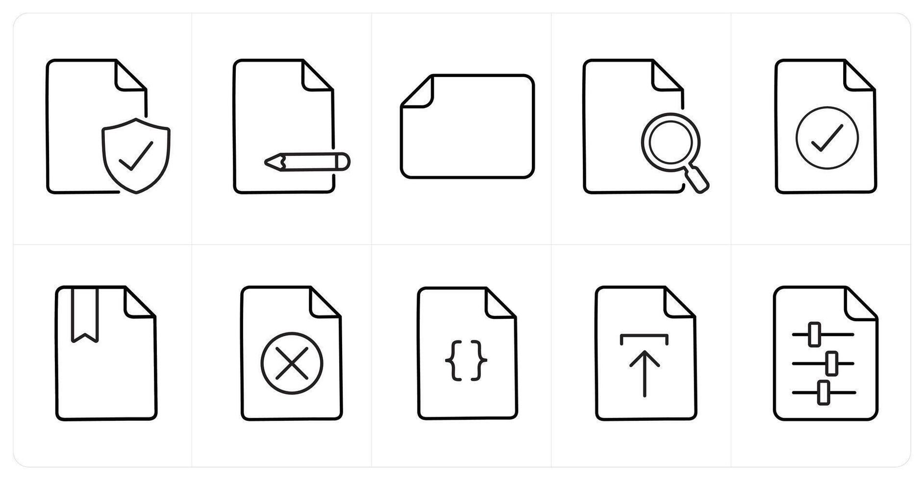 A set of 10 File icons as secublack document, edit, horizontal document in black line color vector