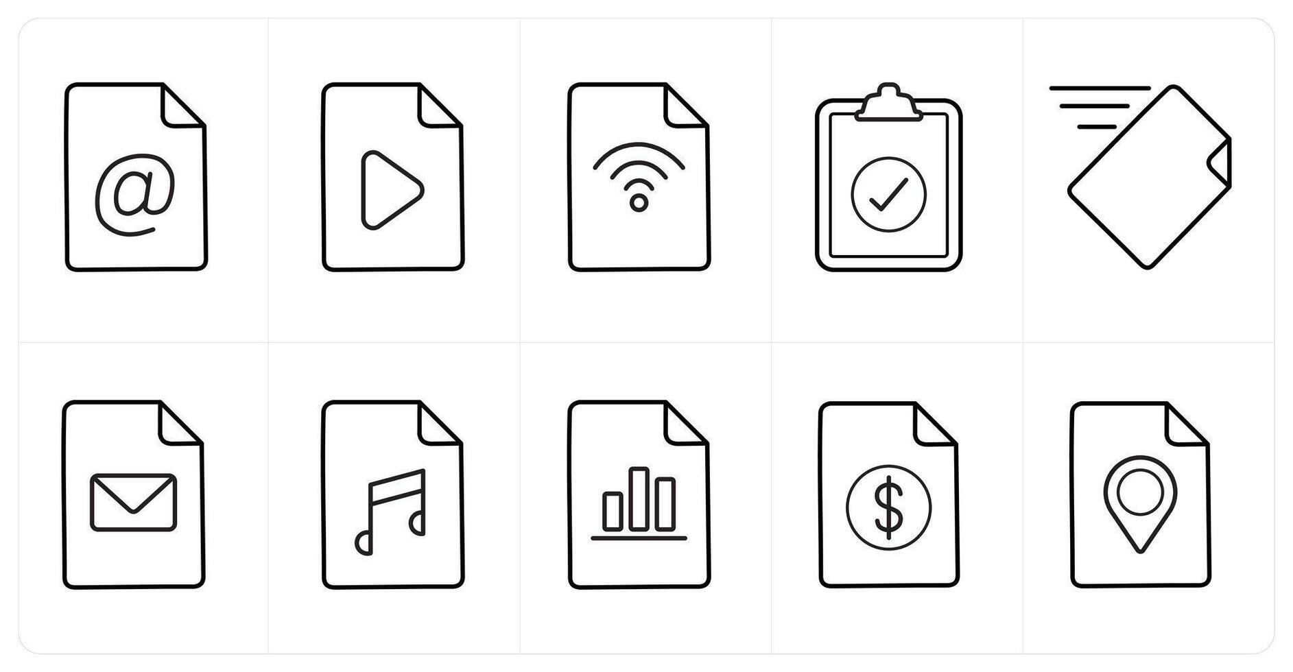 A set of 10 File icons as email, , wifi in black line color vector