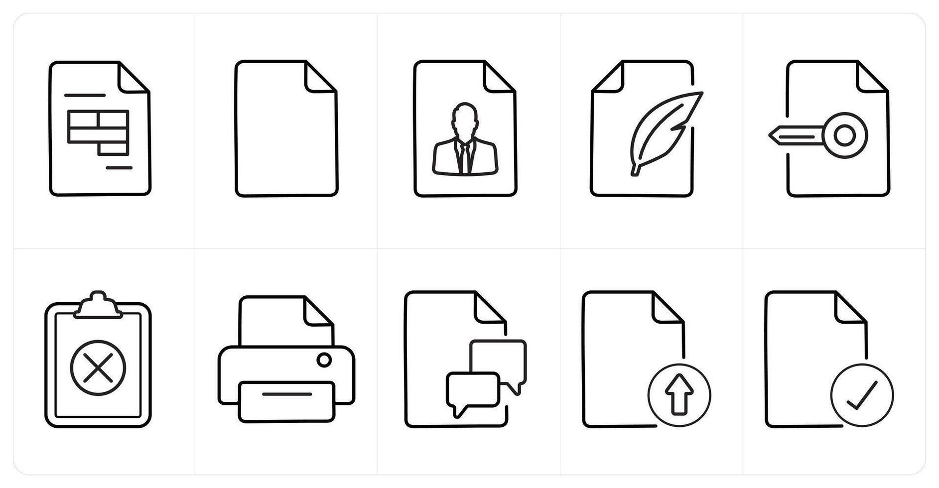 A set of 10 File icons as excel, document, resume in black line color vector