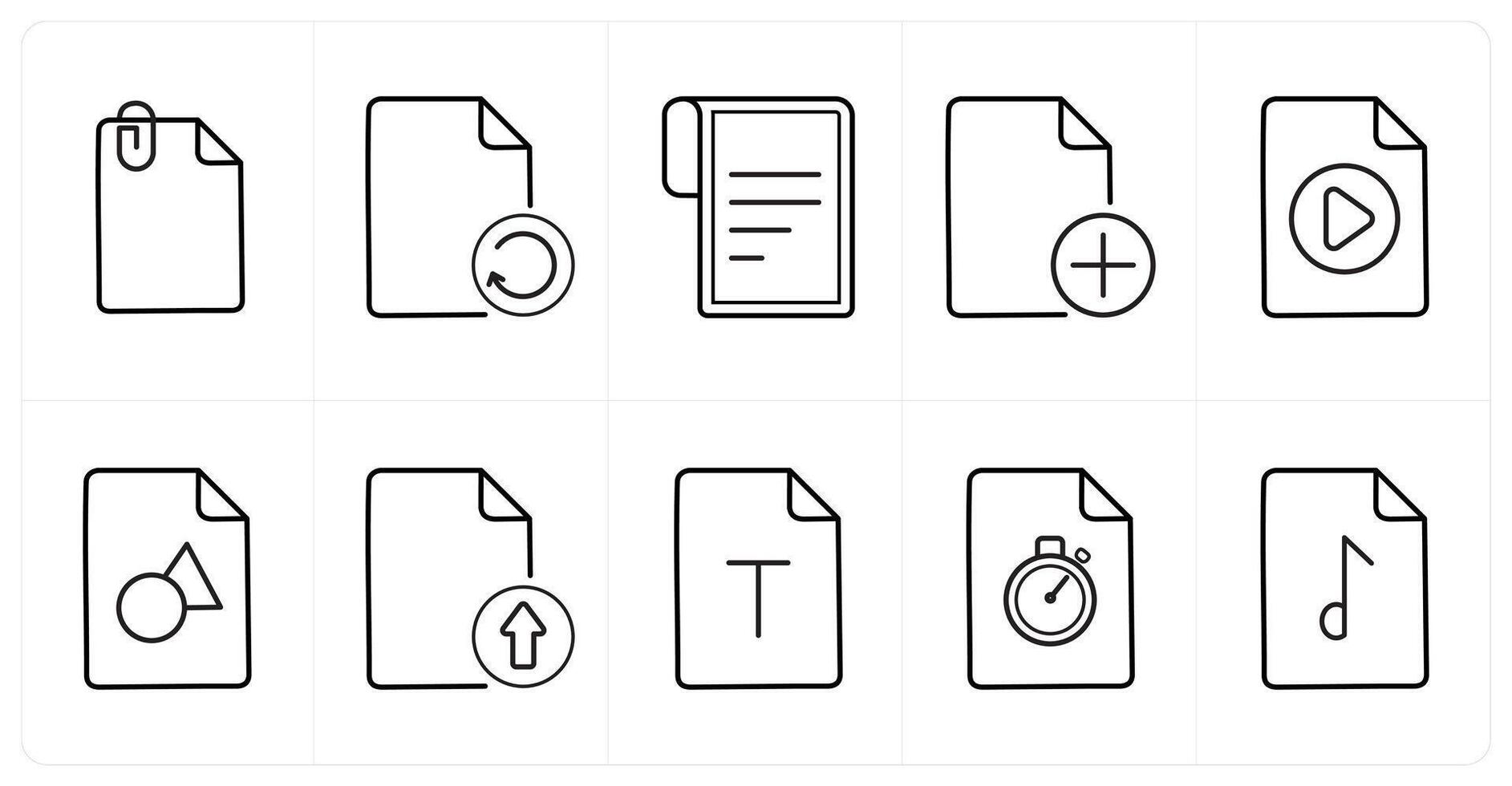 A set of 10 File icons as attachment, update, text document in black line color vector
