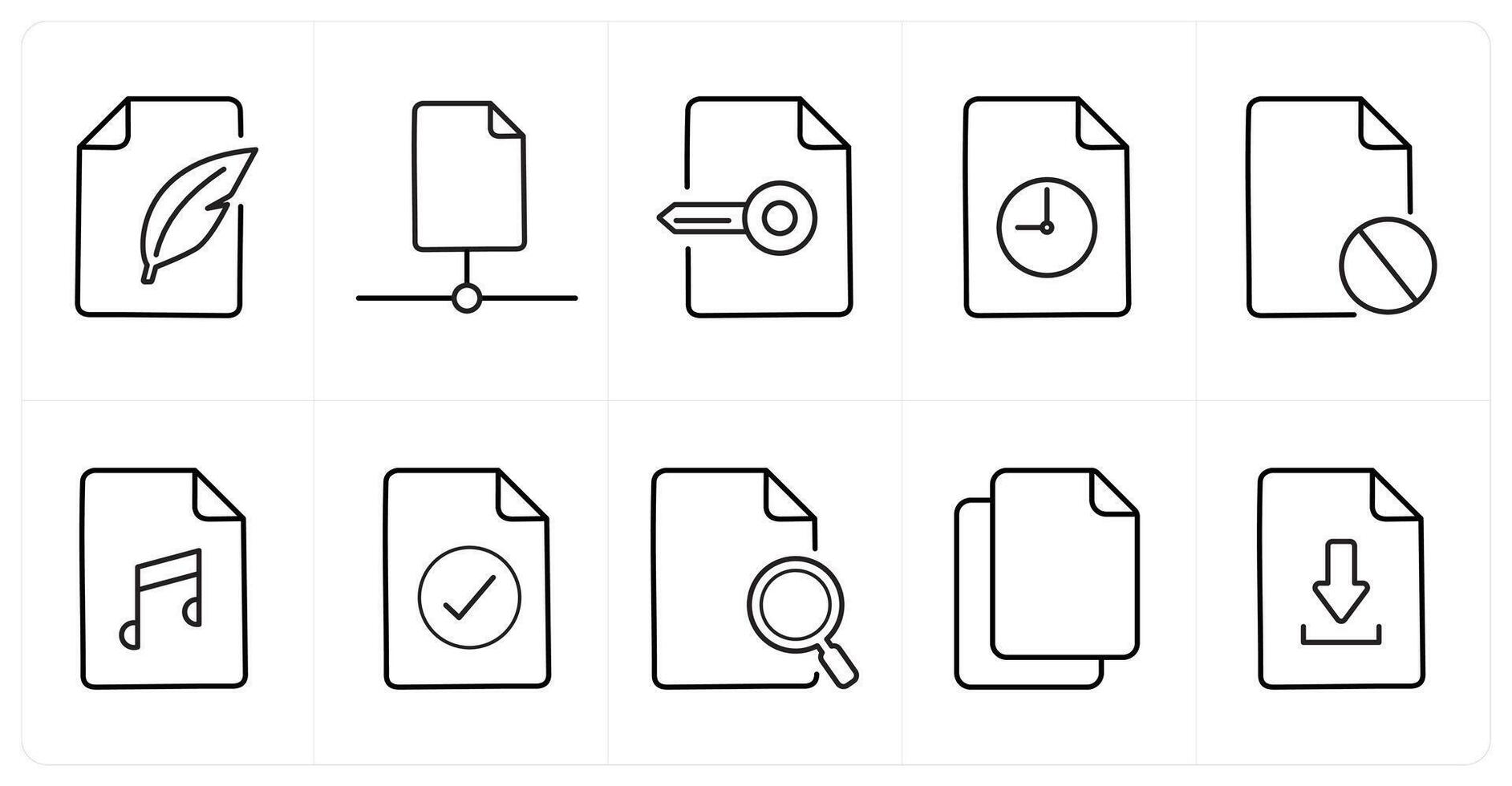 A set of 10 File icons as compose, document, keywork in black line color vector