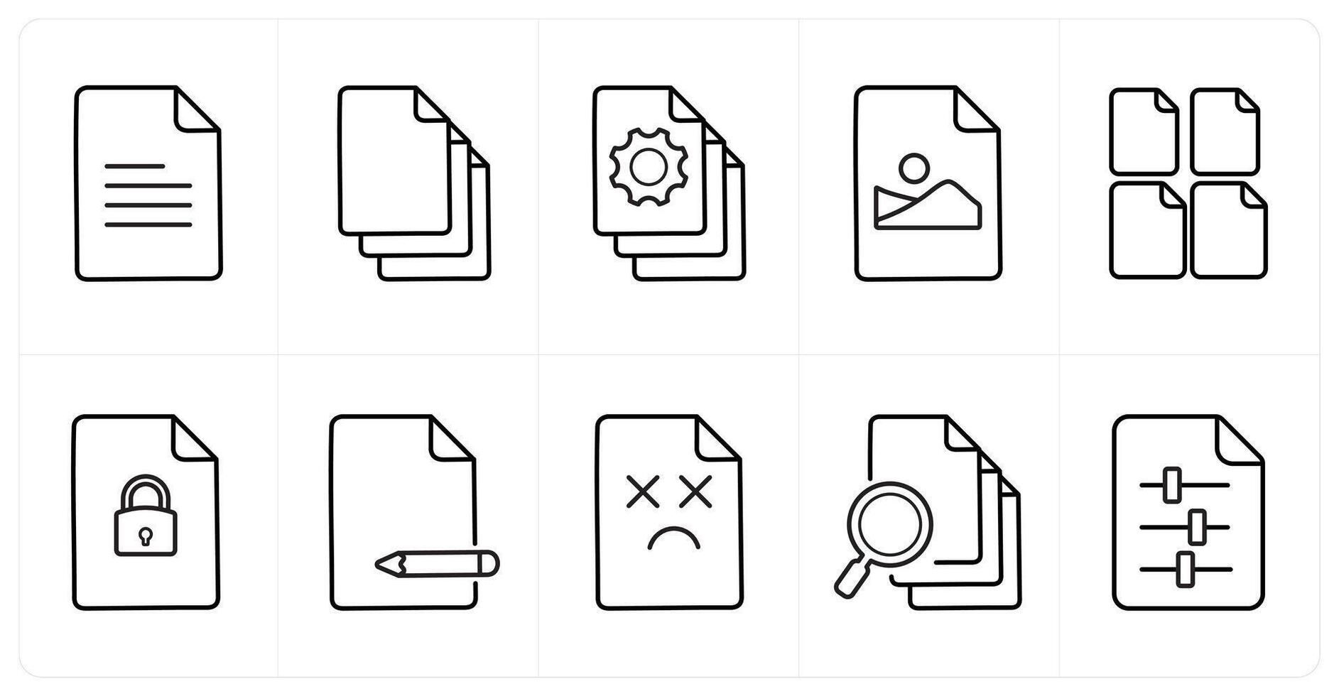 A set of 10 File icons as content, multiple files, file optimization in black line color vector