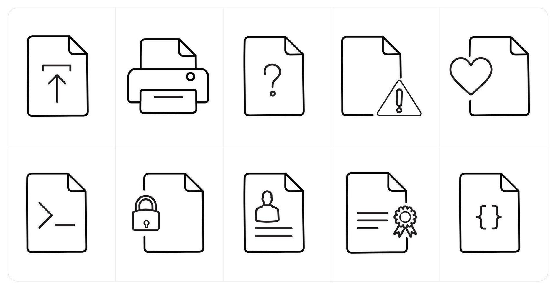 A set of 10 File icons as upload, print, question in black line color vector