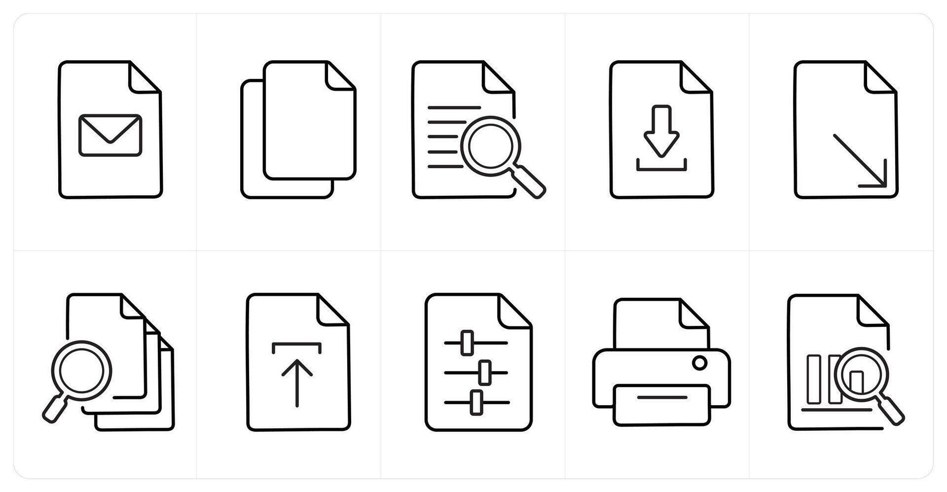 A set of 10 File icons as mail, duplicate file, search content in black line color vector