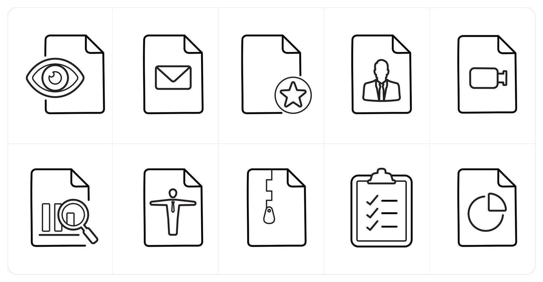 A set of 10 File icons as view document, mail, star in black line color vector