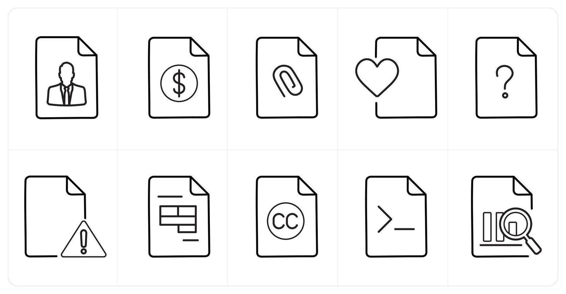 A set of 10 File icons as resume, invoice, attached file in black line color vector