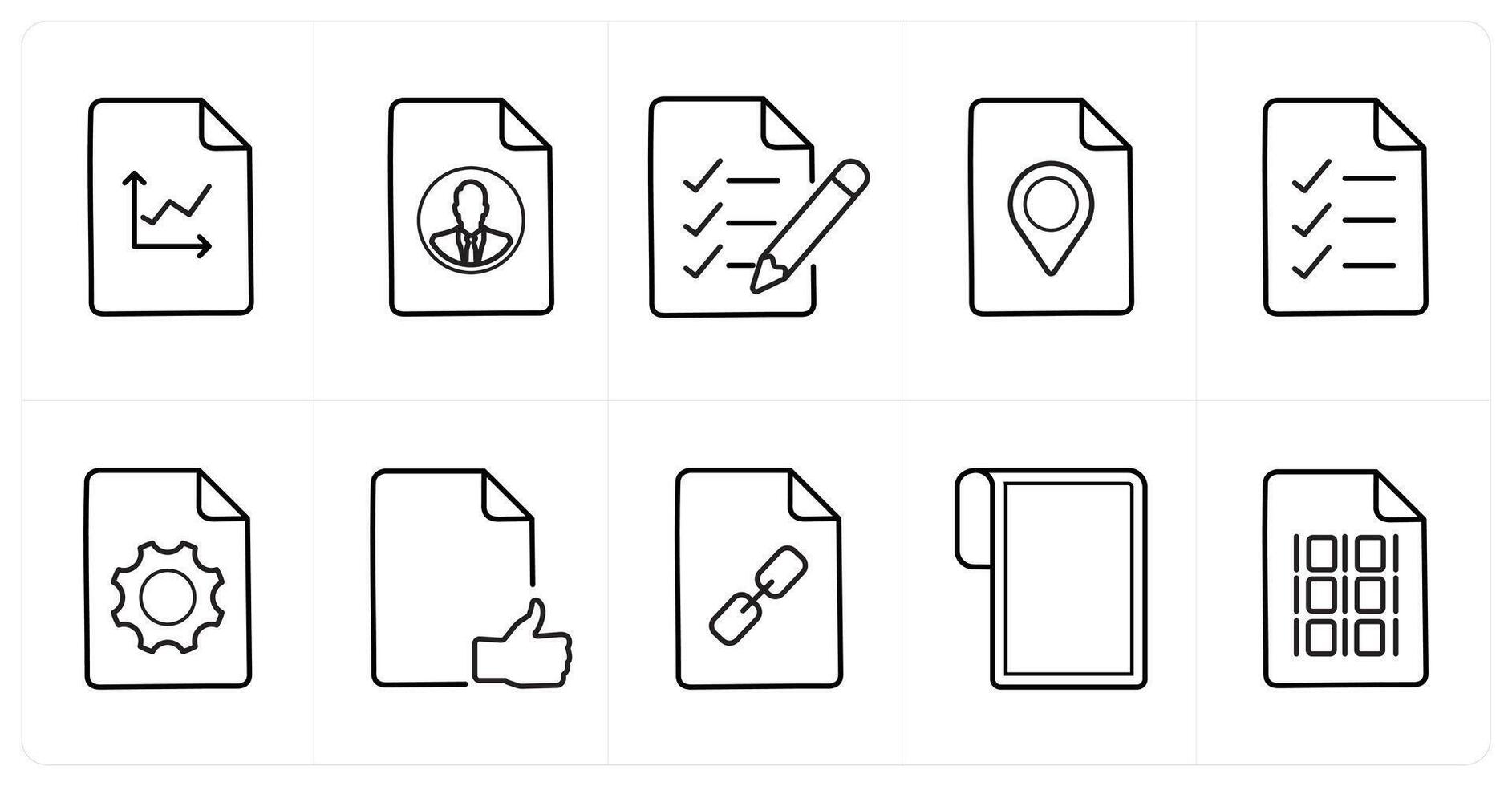 A set of 10 File icons as graph, portfolio, list in black line color vector