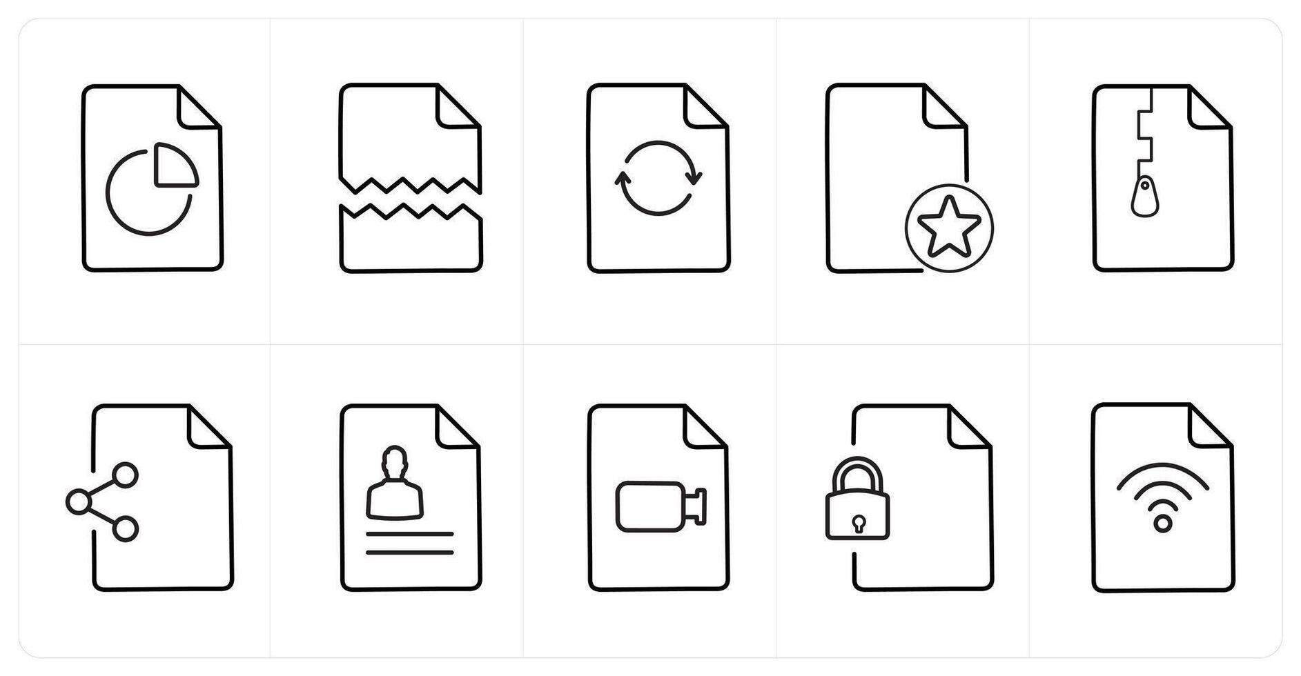 A set of 10 File icons as pie, damaged, update in black line color vector