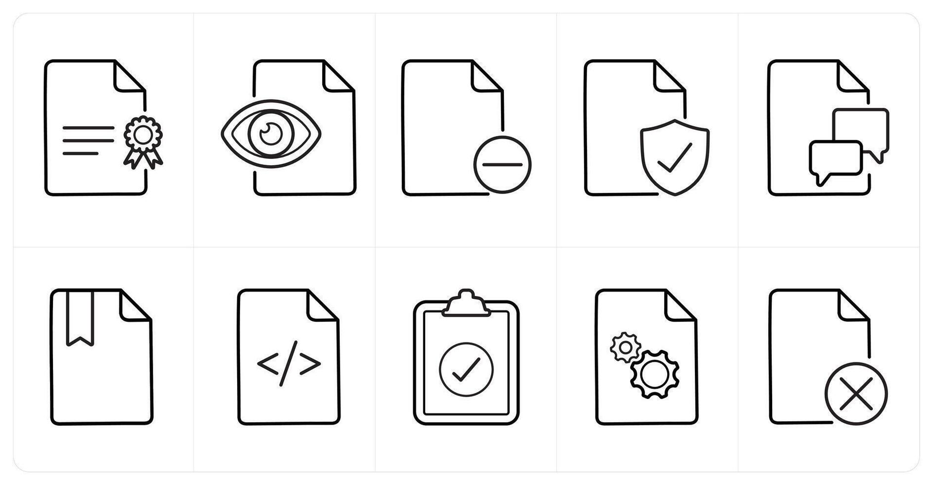 A set of 10 File icons as certificate, view document, remove in black line color vector