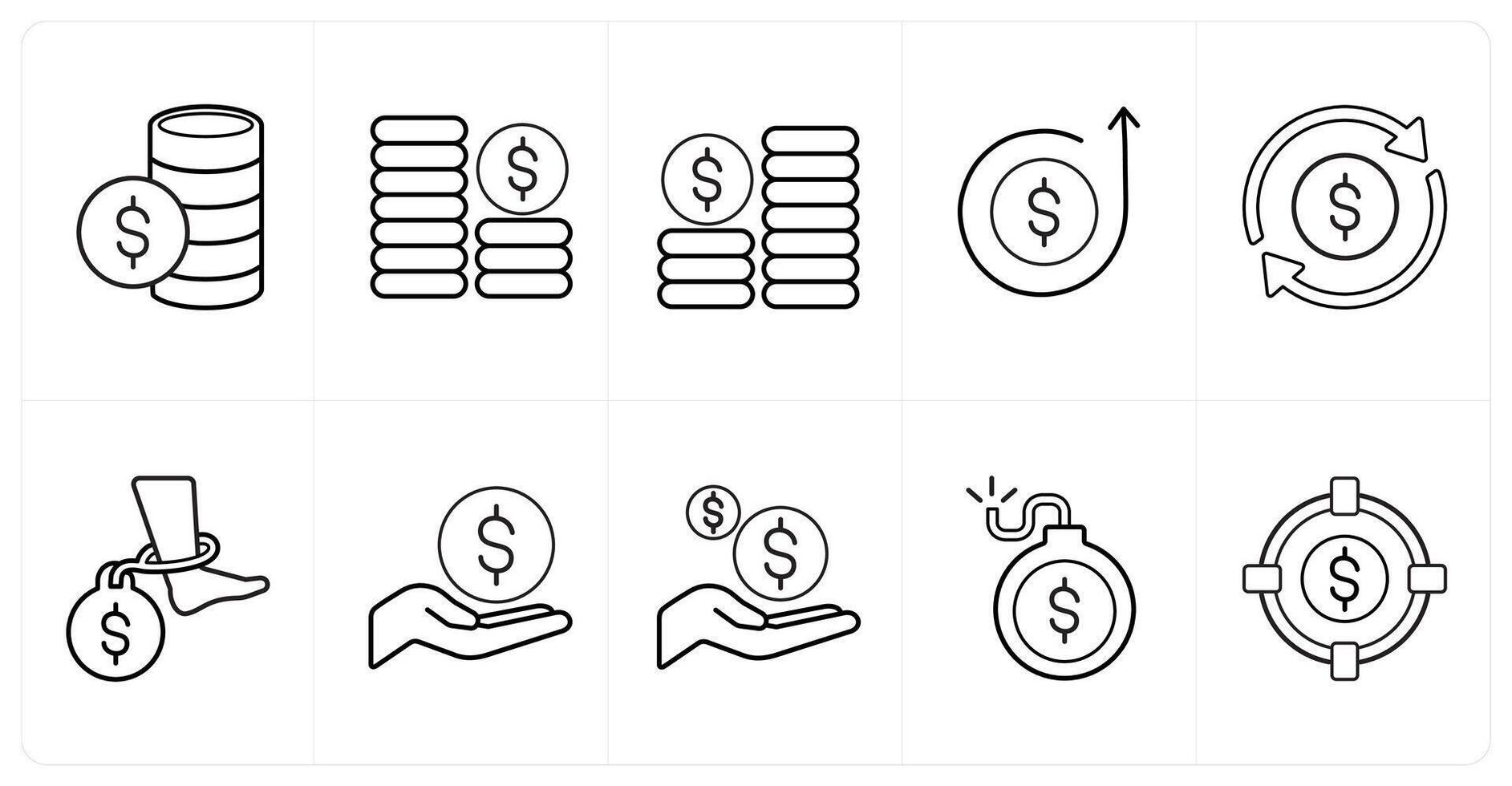 A set of 10 finance icons as funds, investment, growth in black line color vector