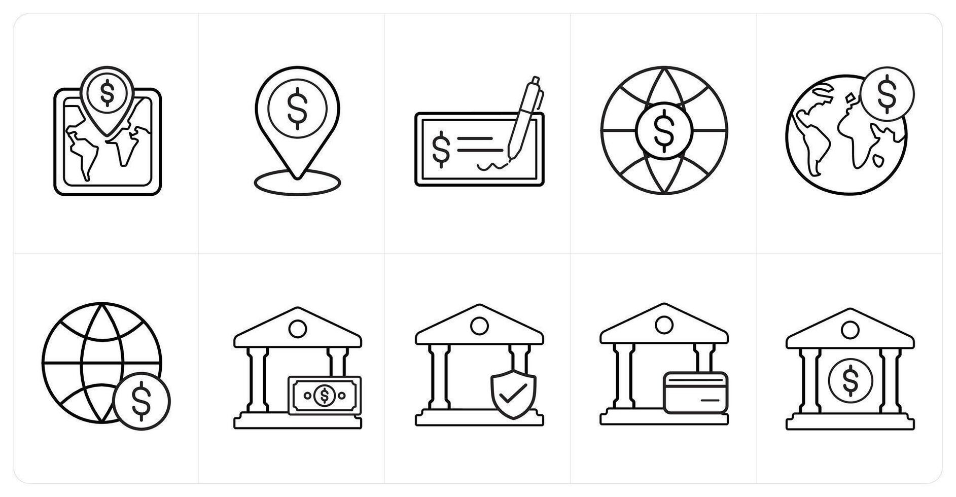 A set of 10 finance icons as bank location, signed cheque, world bank in black line color vector