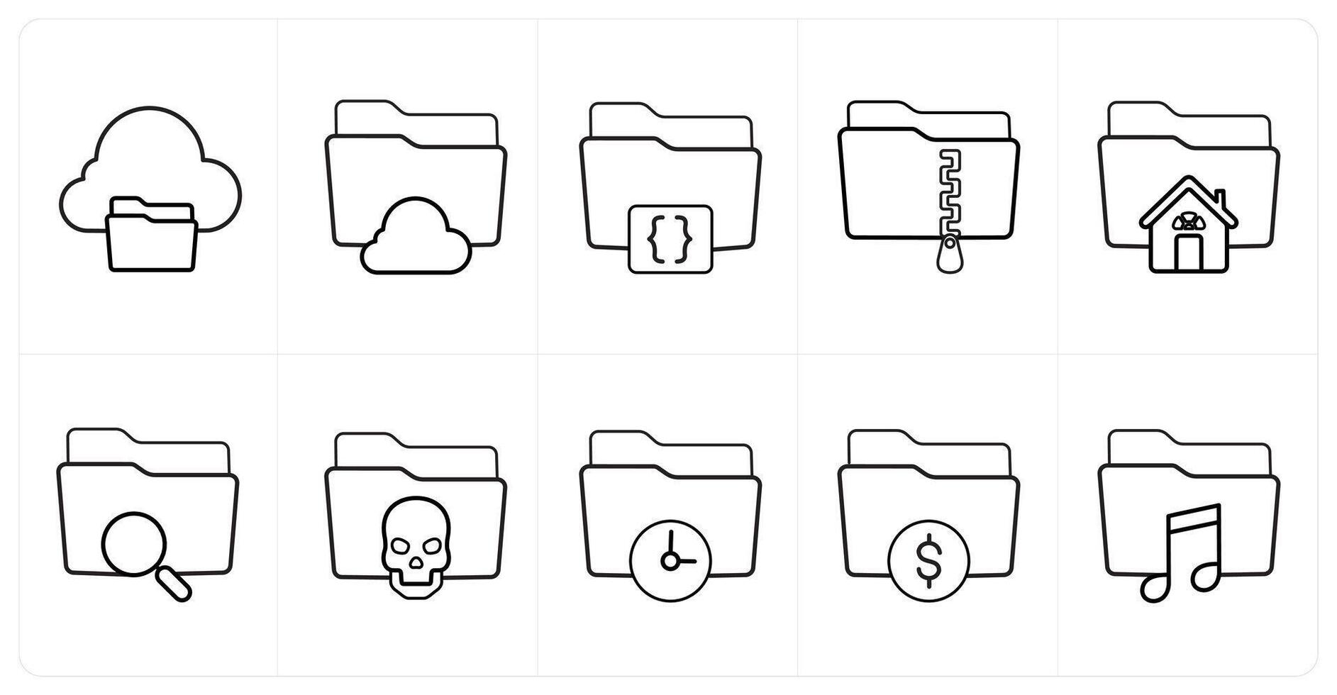 A set of 10 Folder icons as cloud sharing, cloud folder, folder code in black line color vector