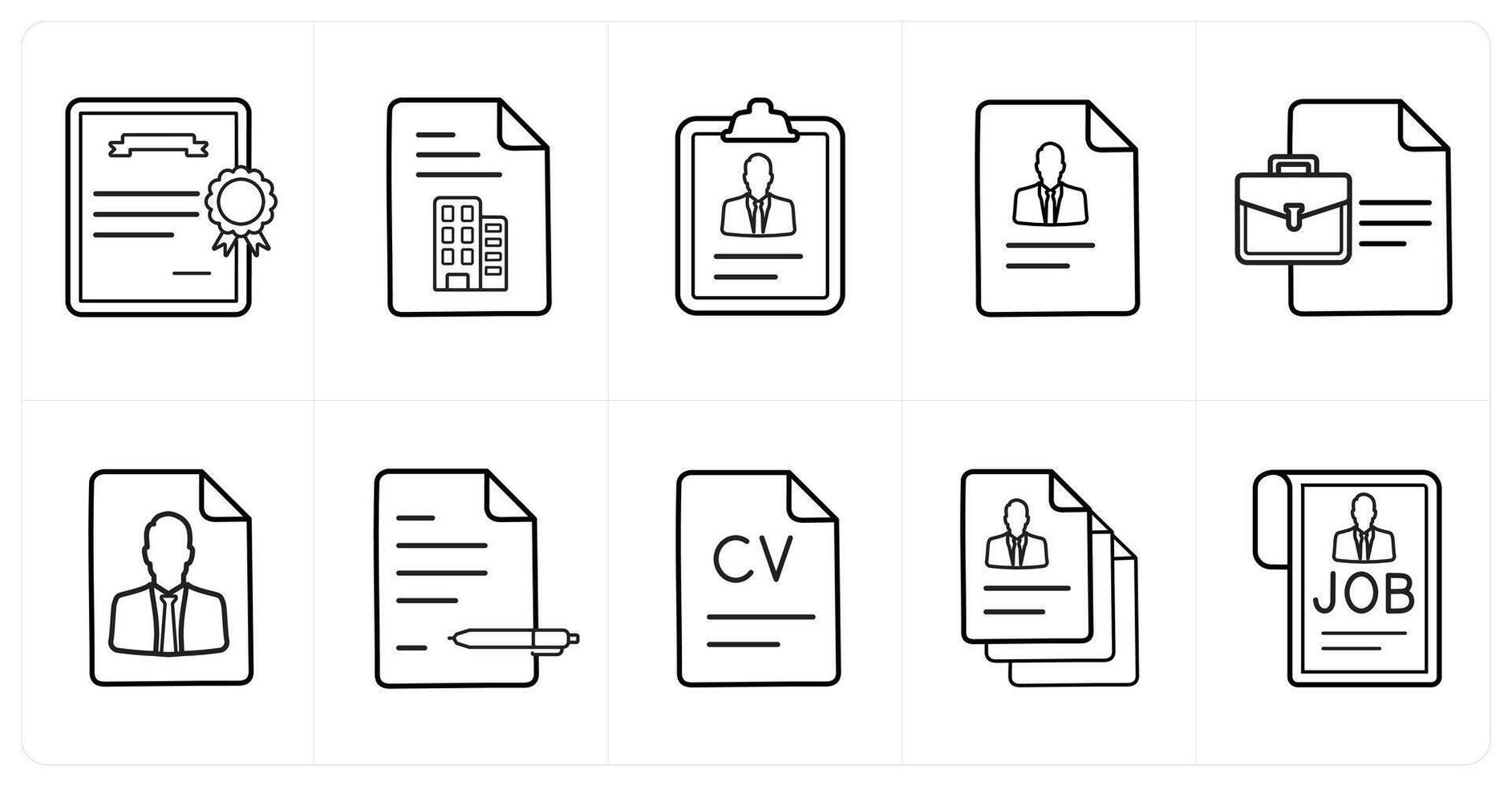 A set of 10 Human Resources icons as joining letter, office document, employee details in black line color vector