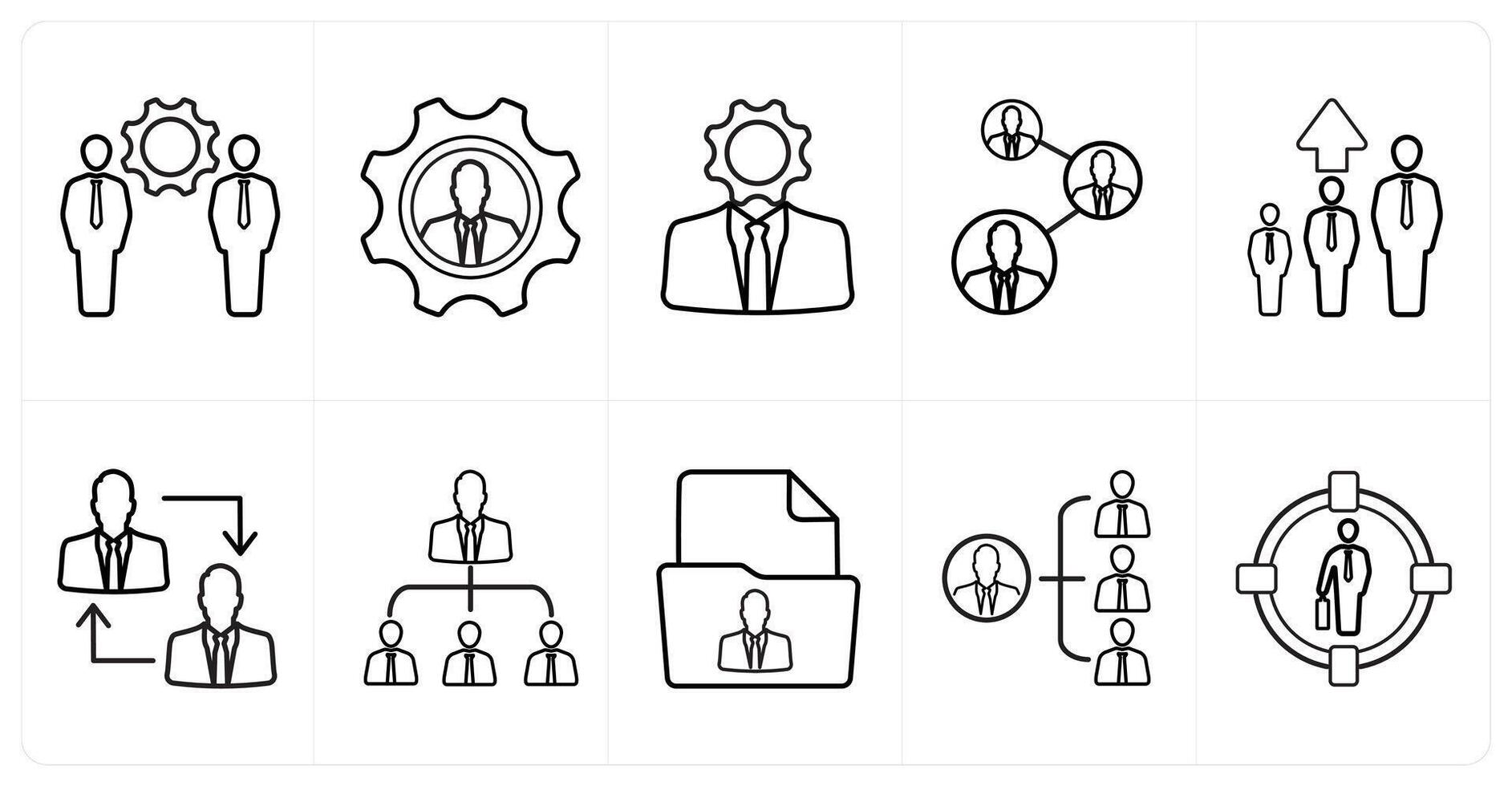 A set of 10 Human Resources icons as management, specialist, business support in black line color vector