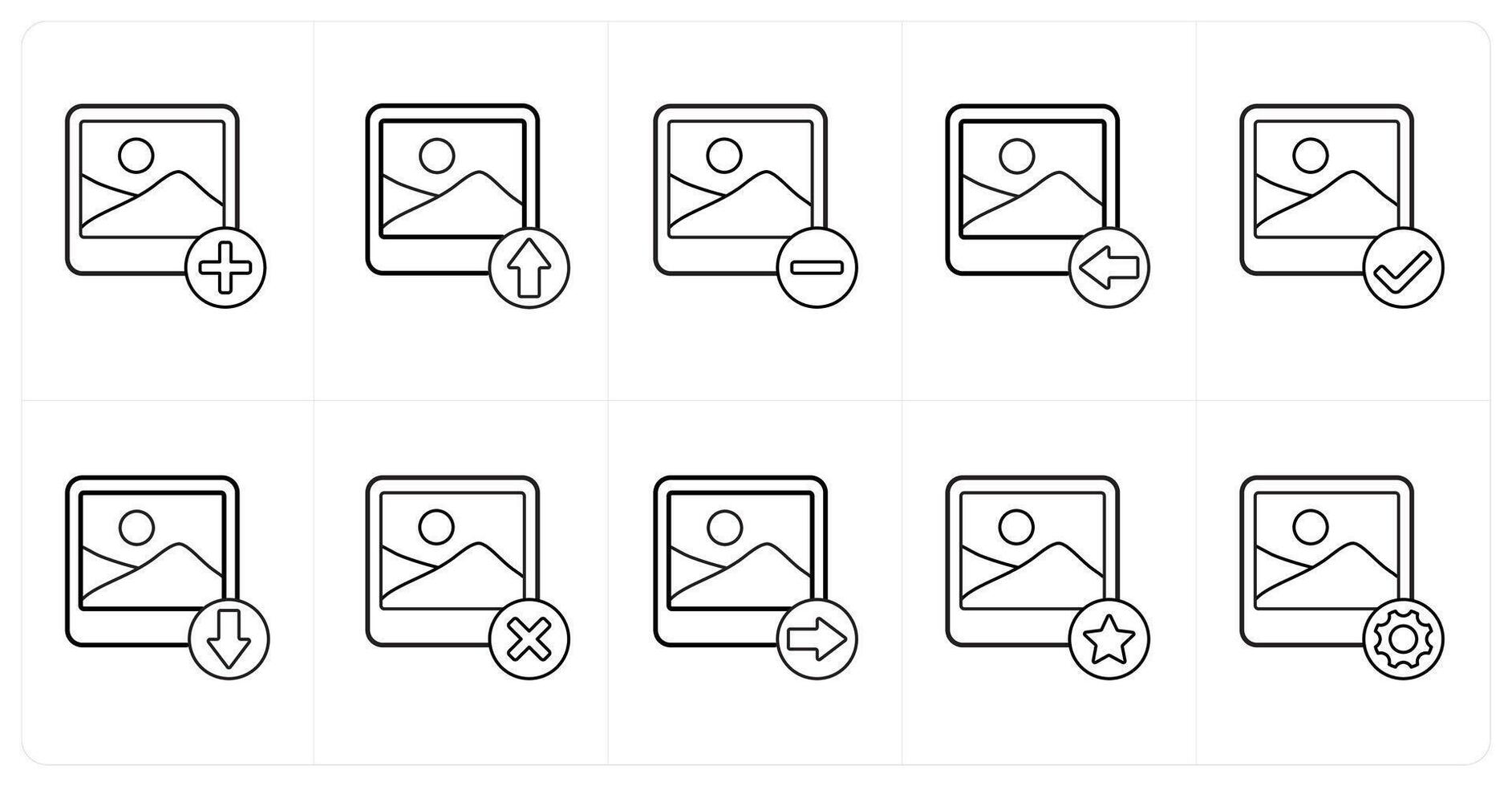 A set of 10 image icons as add image, upload image, remove image in black line color vector