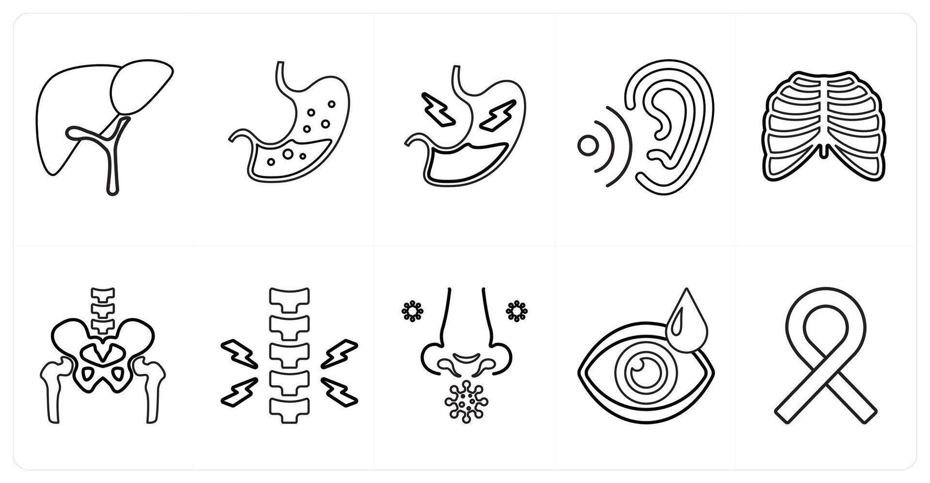 A set of 10 medical icons as hepatology, gastroenterology, stomach pain in black line color vector