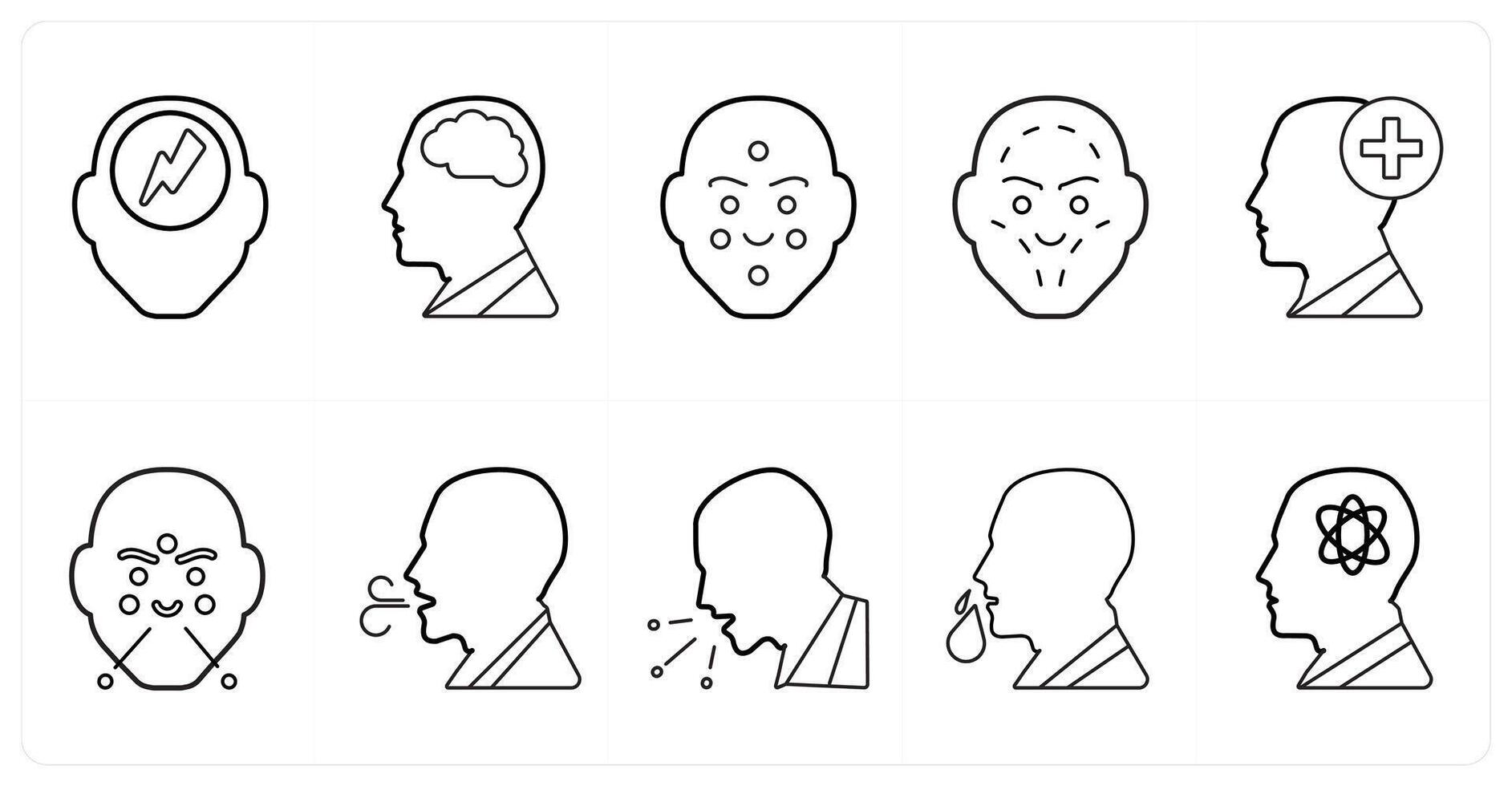 A set of 10 medical icons as headache, neurology, dermatology in black line color vector