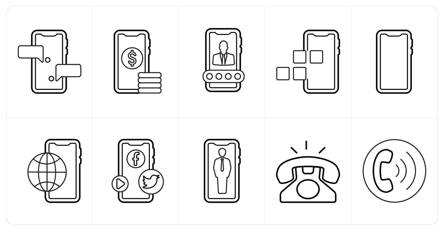 A set of 10 mix icons as mobile sms, digital money, user account in black line color vector