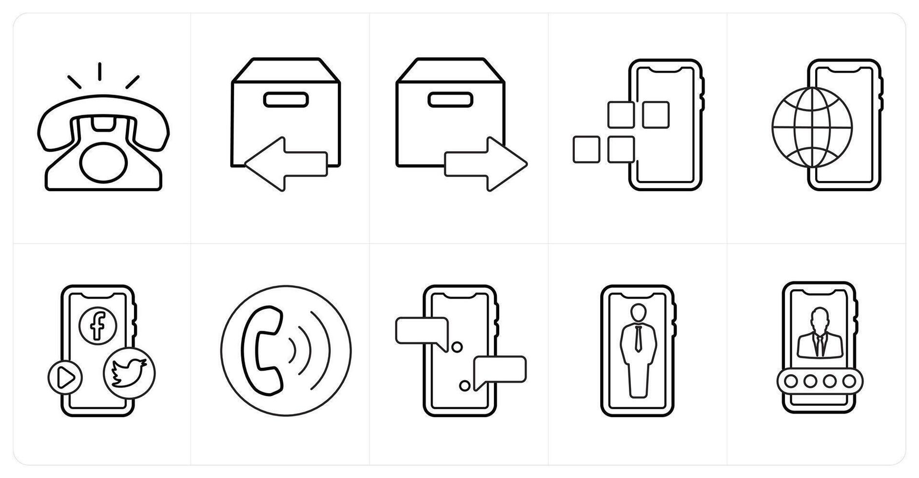 A set of 10 mix icons as landline telephone, returned parcel, forward parcel in black line color vector