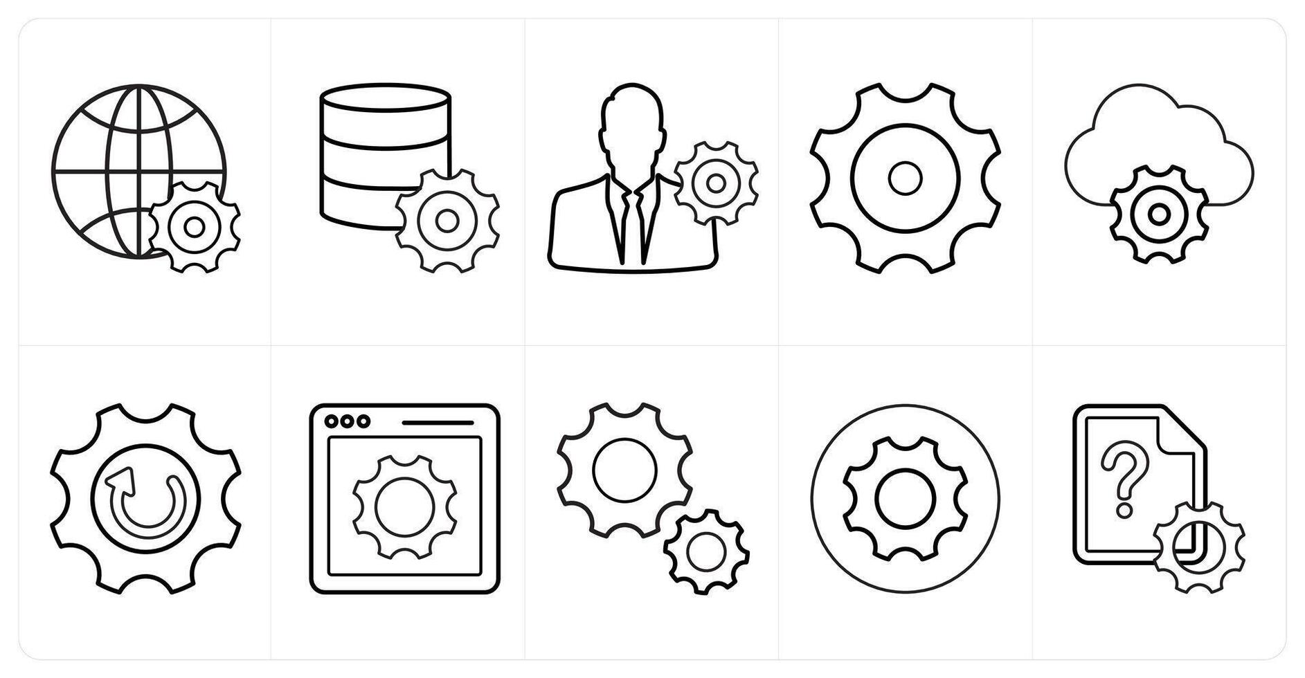 A set of 10 mix icons as global settings, server settings, management settings in black line color vector
