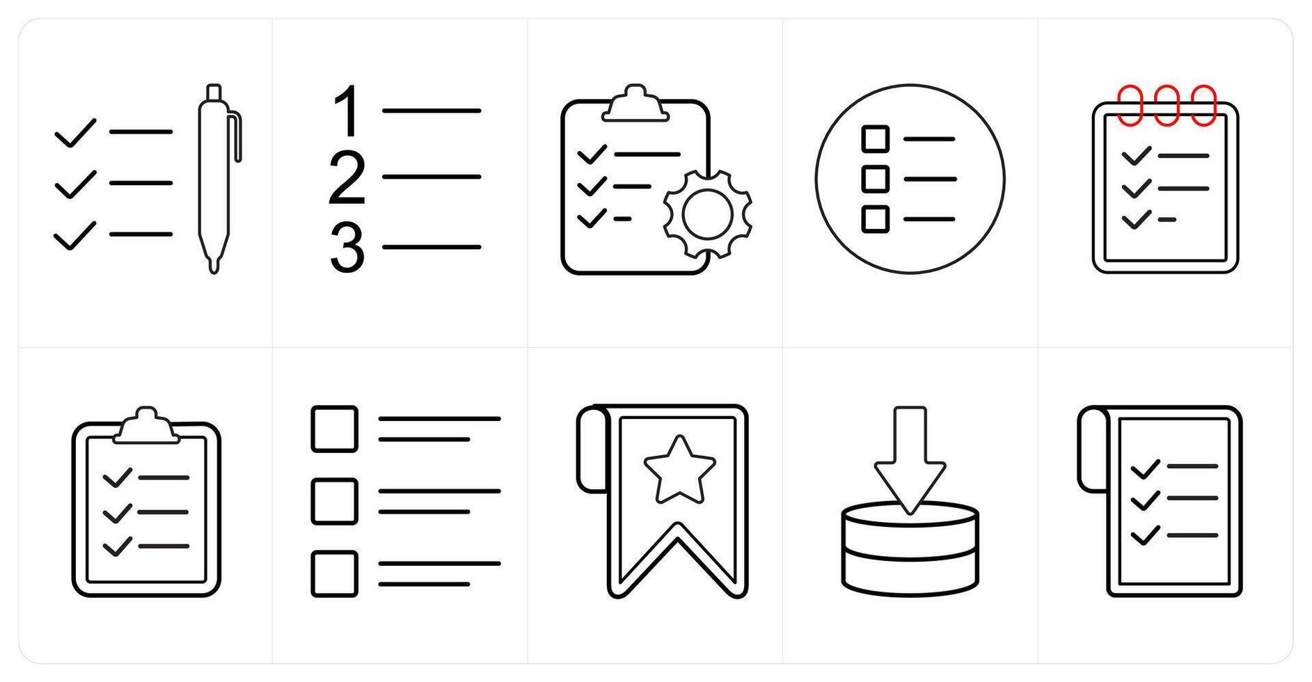 A set of 10 mix icons as list, number index clipboard in black line color vector
