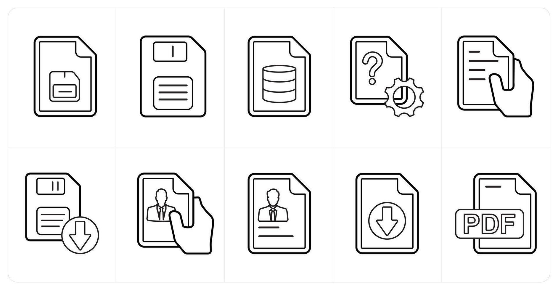 A set of 10 mix icons as floppy, server document, settings document in black line color vector