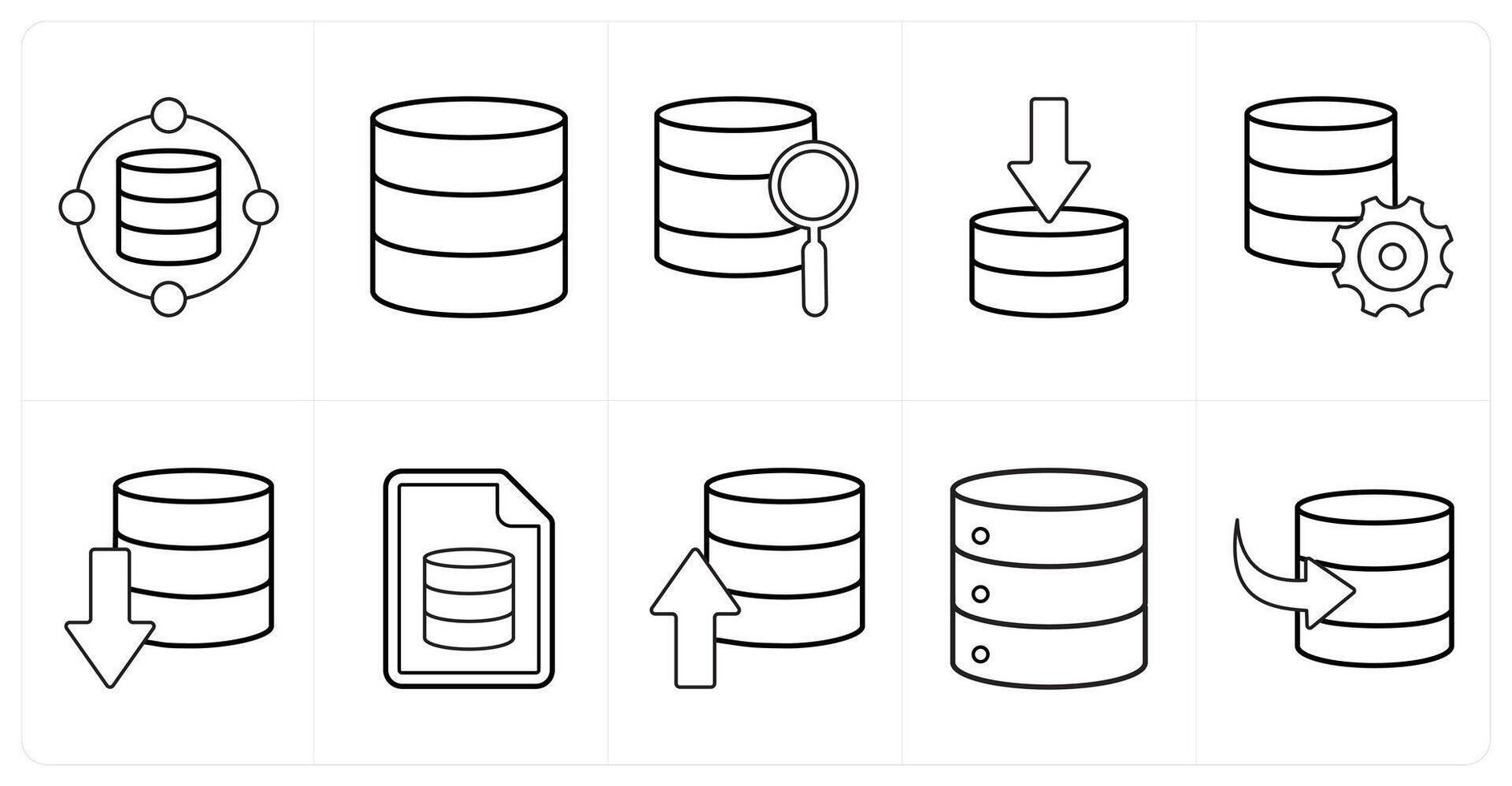A set of 10 mix icons as data, database server, search in black line color vector