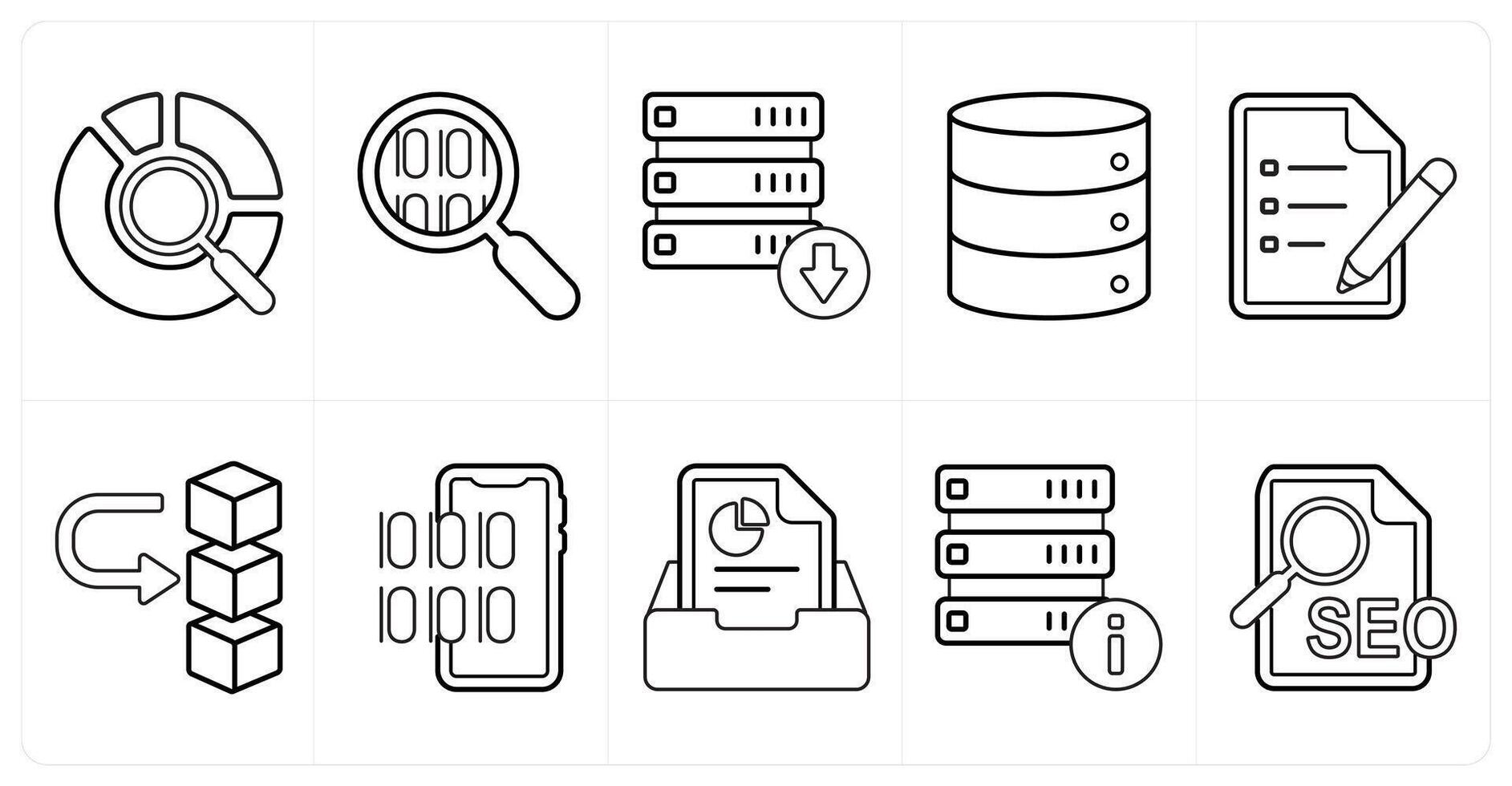 A set of 10 mix icons as data search, programming, download drive data in black line color vector