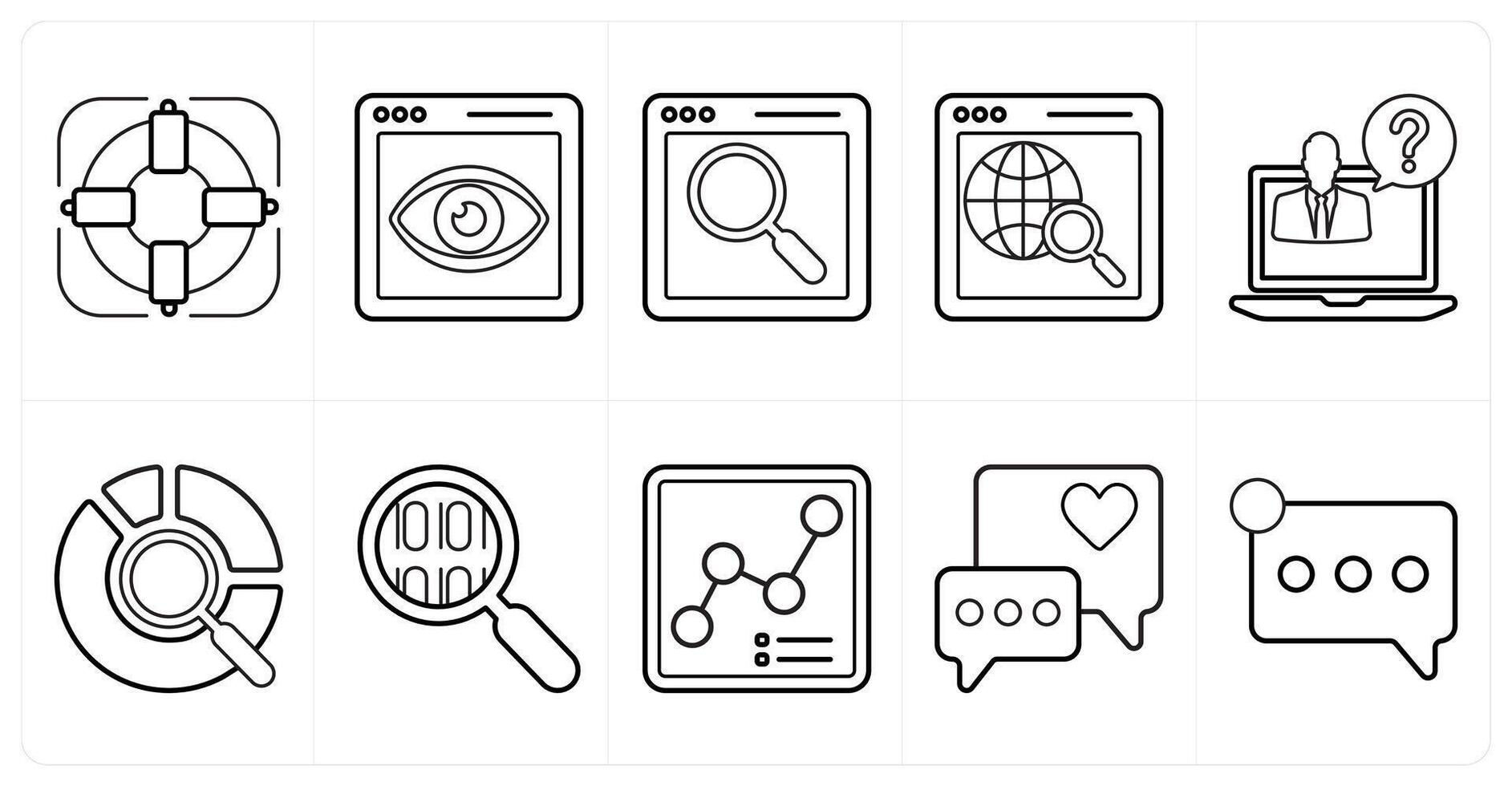 A set of 10 mix icons as target, site vision, web search in black line color vector