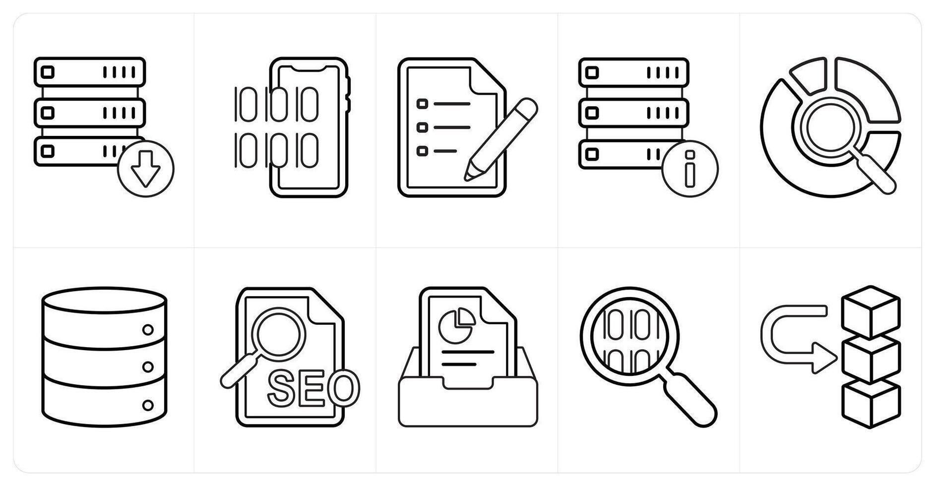 un conjunto de 10 mezcla íconos como descargar conducir datos, programación, texto documento en negro línea color vector